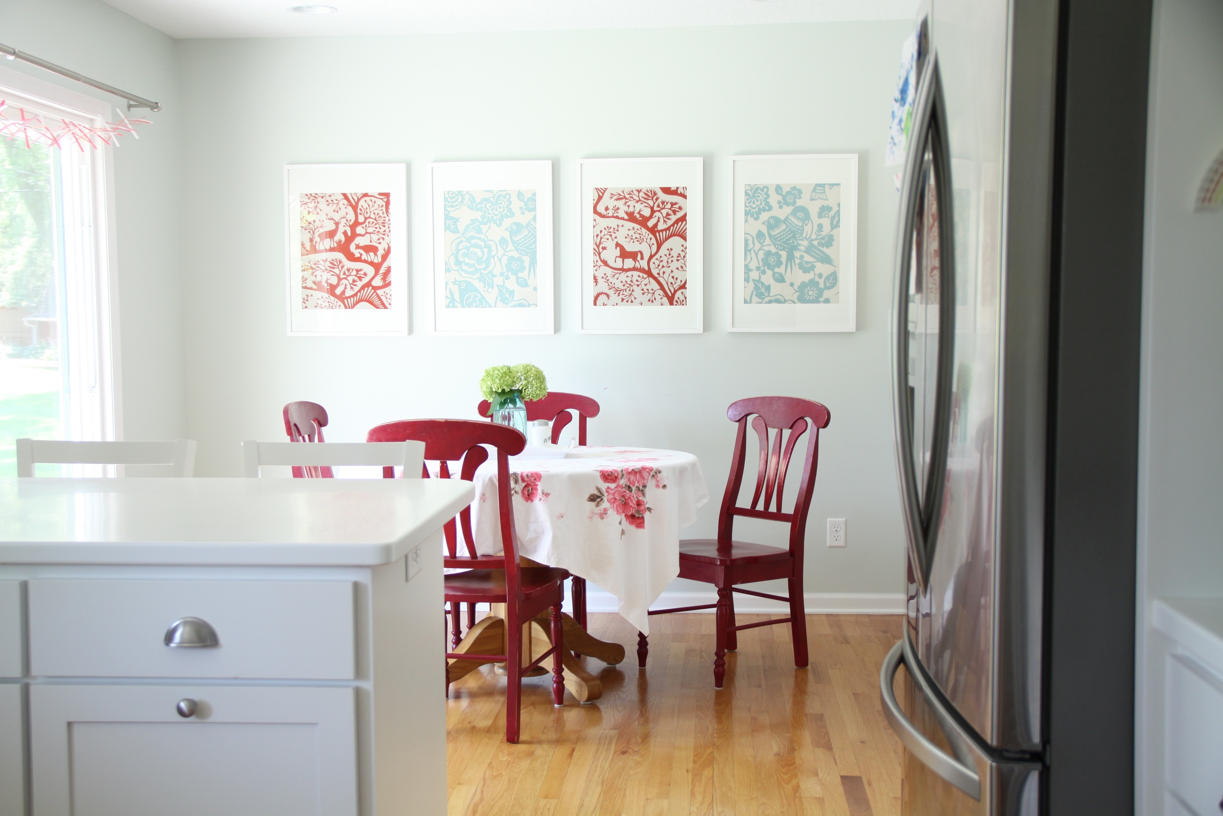 Dining Area with Framed Fabric Art
