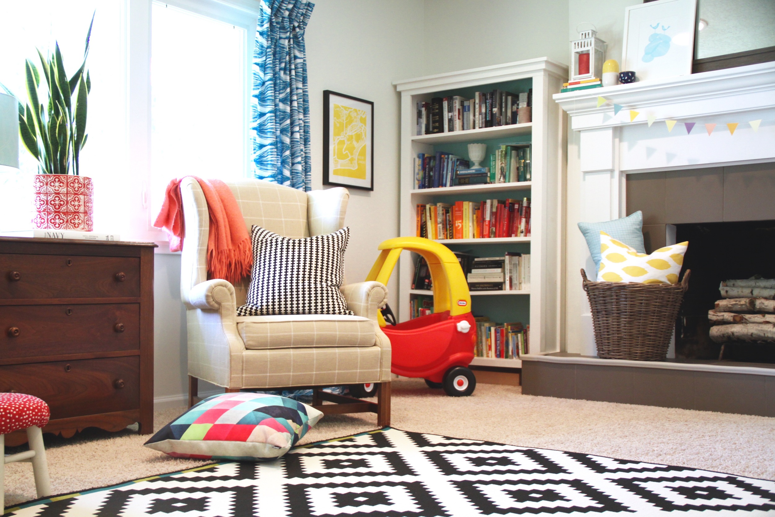 Living Room with DIY Curtains and Wingback Chairs