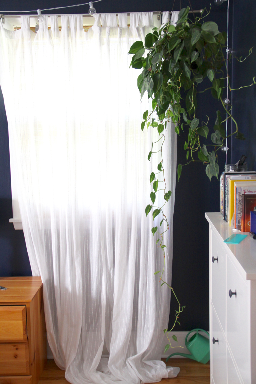 Blue Bedroom with White Curtain, Twinkle Lights, and Hanging Plant