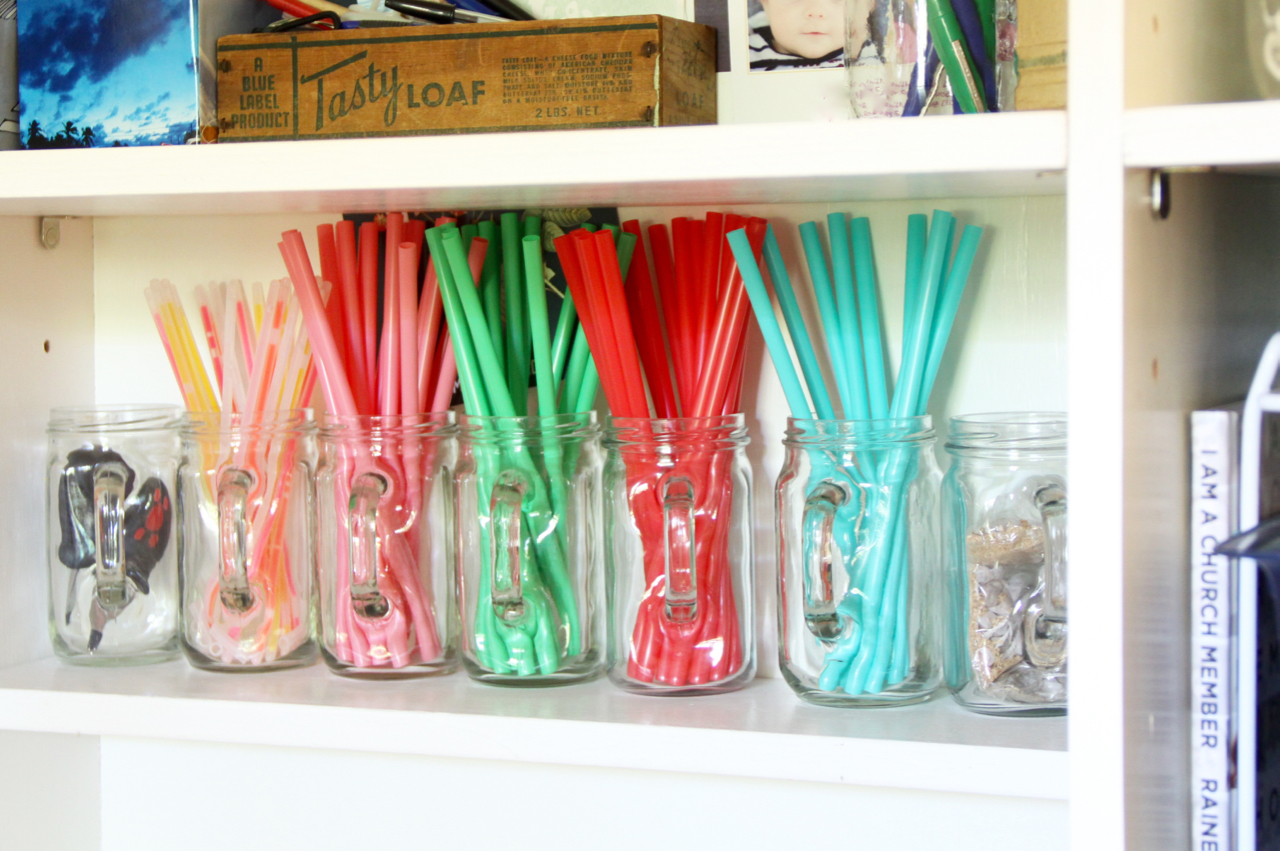 Colorful Straws in Glass Jars