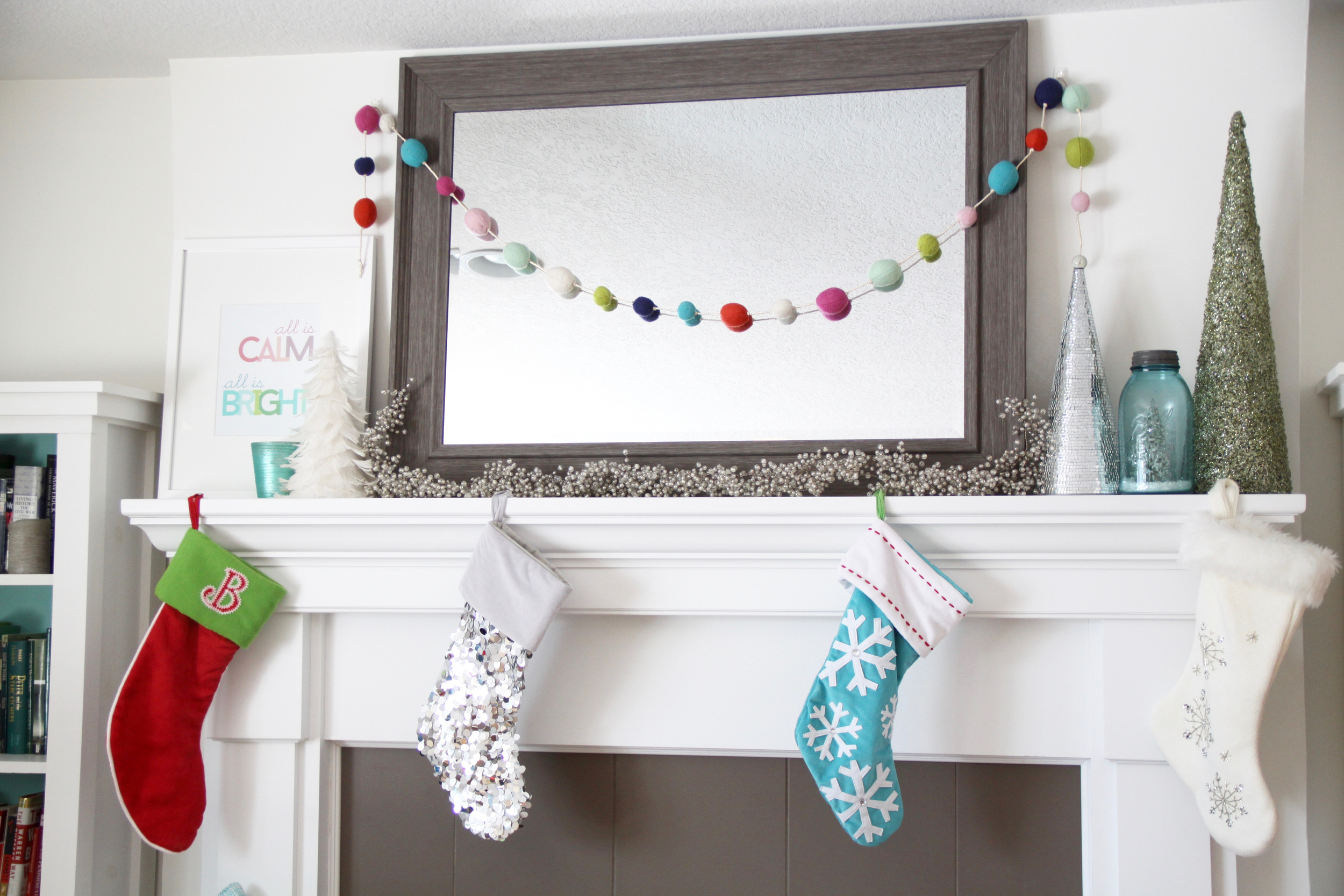 Bright Christmas Stockings on the White Mantel