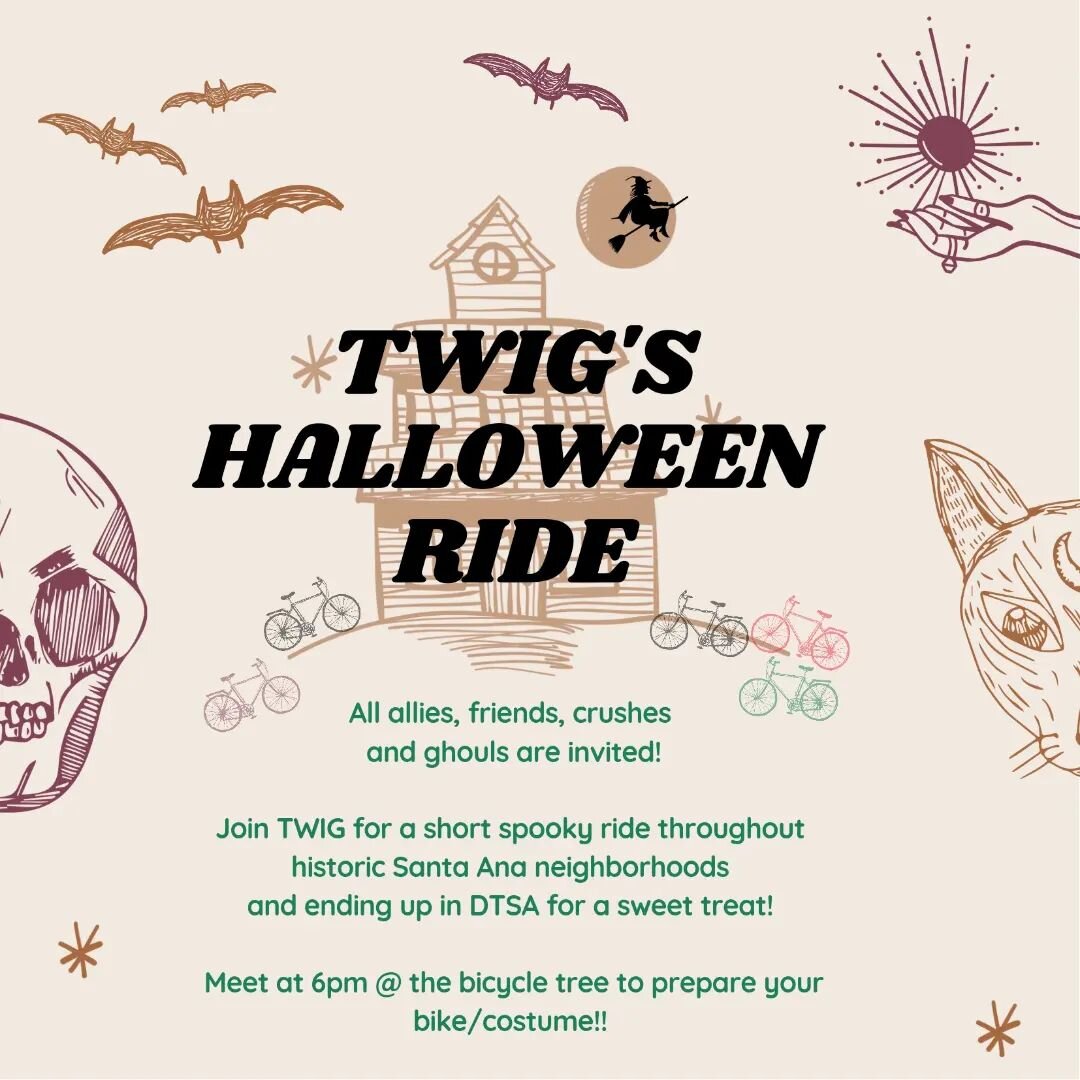 The freaks come out at night. Join us for a spooky 5 mile bike ride through Santa Ana on Halloween night ! Meeting at Bicycle Tree at 6pm for a 6:30pm roll out. COSTUMES STRONGLY ENCOURAGED! There are some planned pit stops for treats and maybe some 