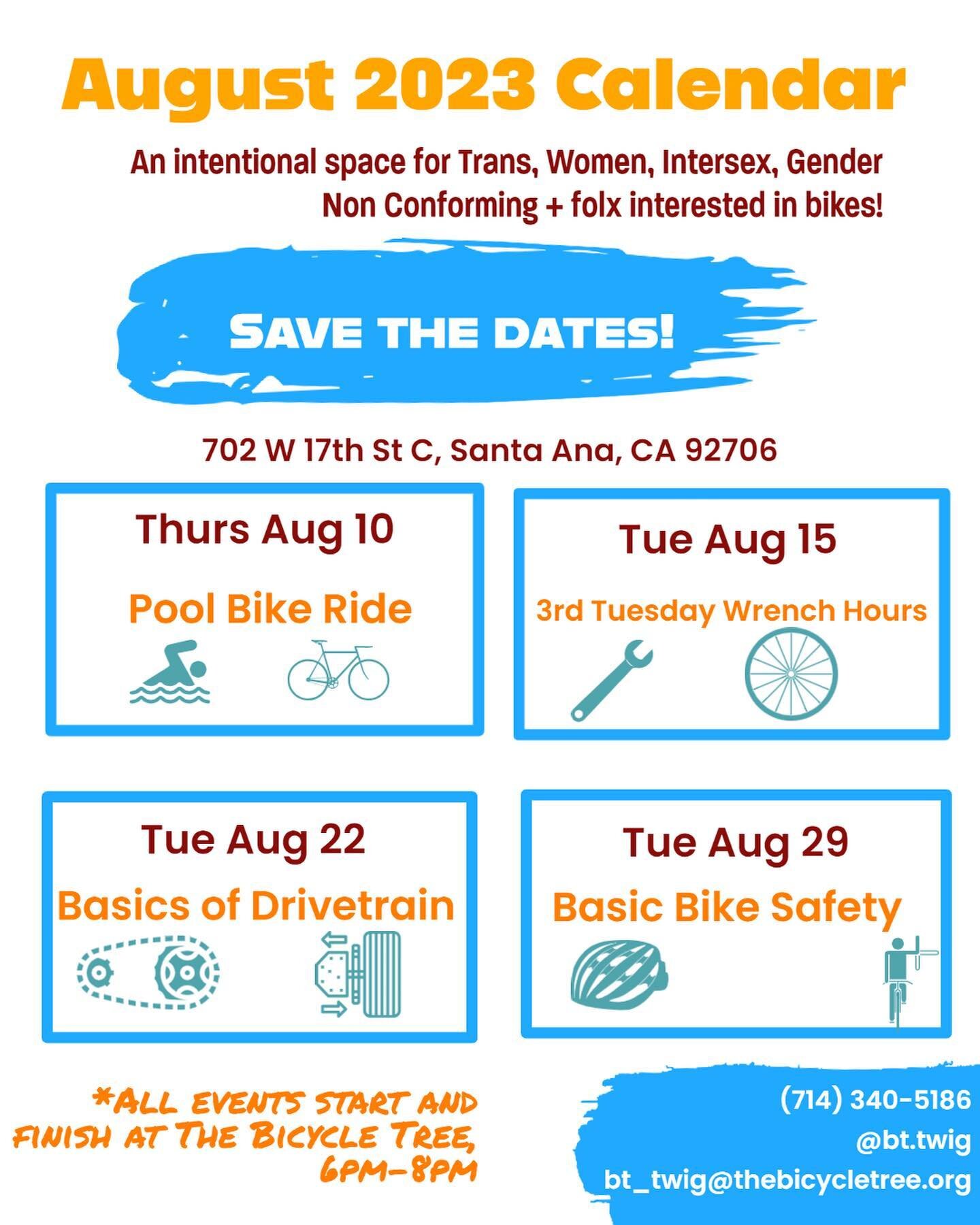 Catch us this month at The Bicycle Tree! Mark your calendars and join us for the Summer fun 🚲🚲🔧🩱🩳☀️

All events starts and finish at The Bicycle Tree, 702 WSt 17th St C Santa Ana ca 92706, from 6pm-8pm

An intentional space for Trans, Women, Int