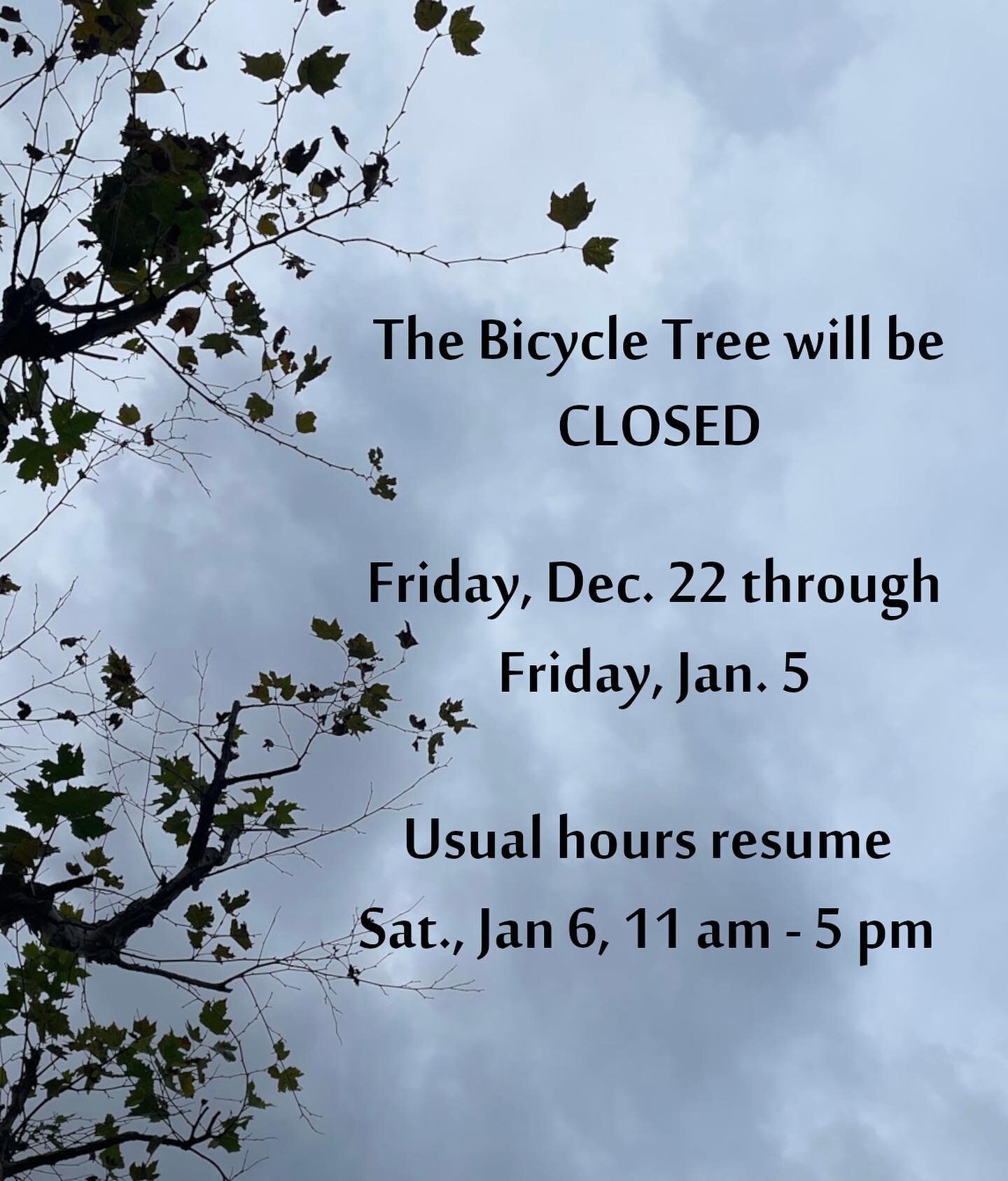 After we finish up for today, the Bicycle Tree will be closed for a winter break from Friday, Dec. 22nd through Friday, Jan. 5th. We&rsquo;ll resume regular hours on Saturday, Jan. 6th, 11 am - 5 pm.

*****

Despu&eacute;s de que terminemos por hoy, 