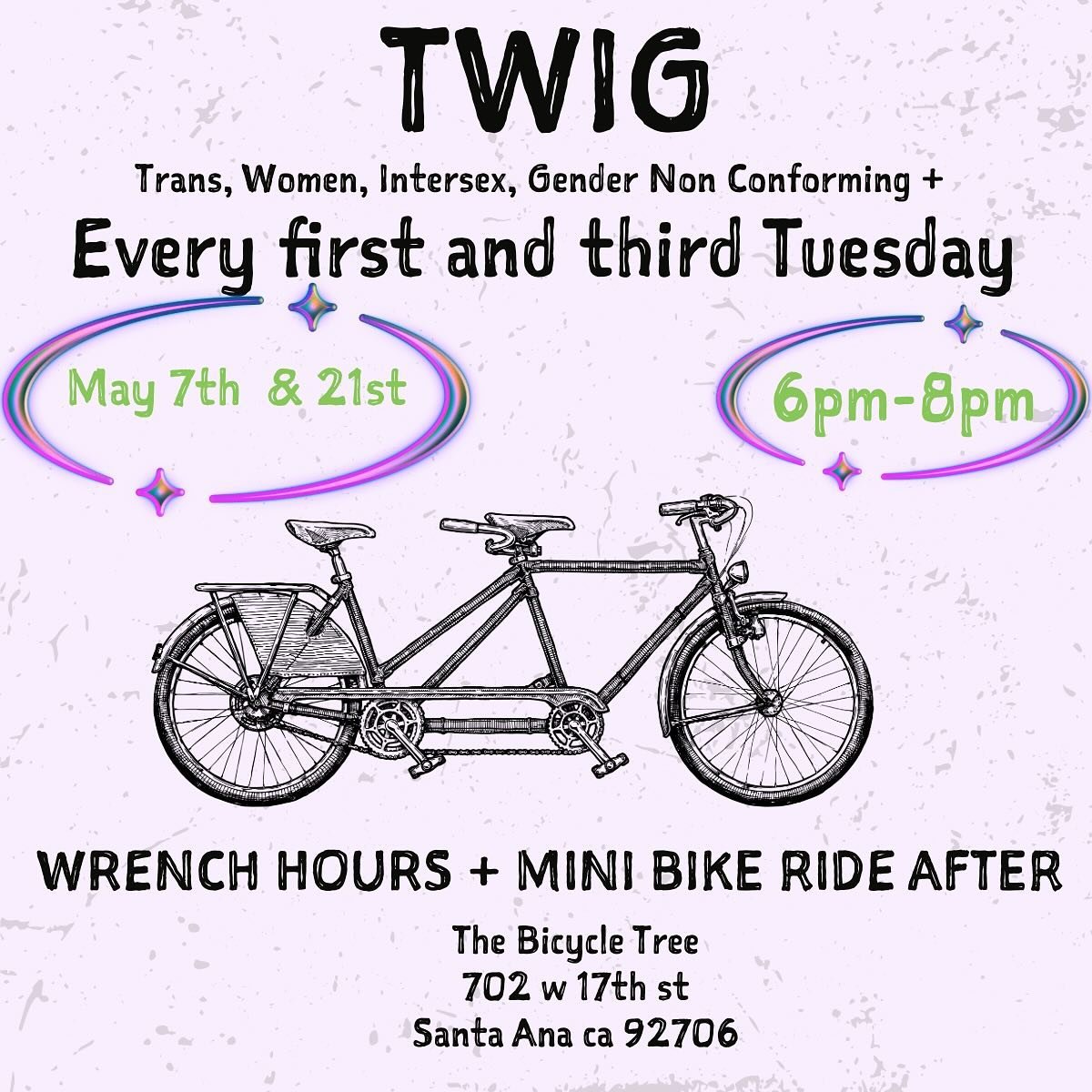 Come work on your bike every first and third Tuesday from 6pm-8pm @bicycletree! 

Wrench hours for Trans, Women, Intersex, Gender Non Conforming + folks 

come prep your bikes for Summer!

Optional bike ride after wrench hours from 8:30pm-10pm