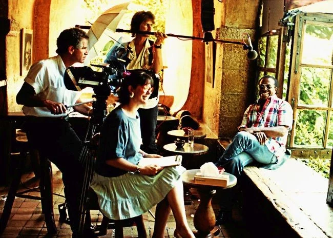 Director Karen Thorsen filming "The Price of the Ticket," interviewing David Baldwin, the brother James Baldwin. 