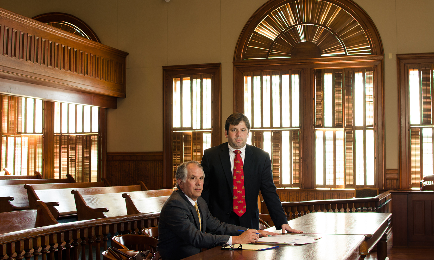 Attorneys Bruce W. Kirbo Jr. and Wheat B. Kirbo III in the courtroom in Bainbridge, GA.