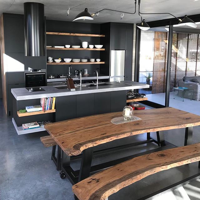 Marri Slab Table & Bench Seats | Kitchen features Black Matt Laminate | Marri Shelving | Concrete Benchtop
#dunsborough #dunsboroughwoodworks #australia #furniture #kitchen #kitcheninspo #design #home #interiordesign #homedecor #bespoke #custom #cabinetry #interior #westernaustralia #perth #dinjngtable #marri #concrete #blackmatt