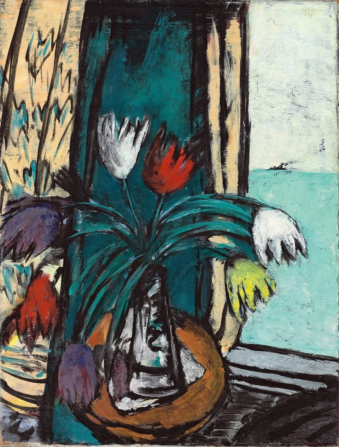 Max Beckmann (German, 1884-1950), 'Stilleben mit Tulpen und Ausblick aufs Meer (still life w tulips and a view of the sea)', 1938.jpg