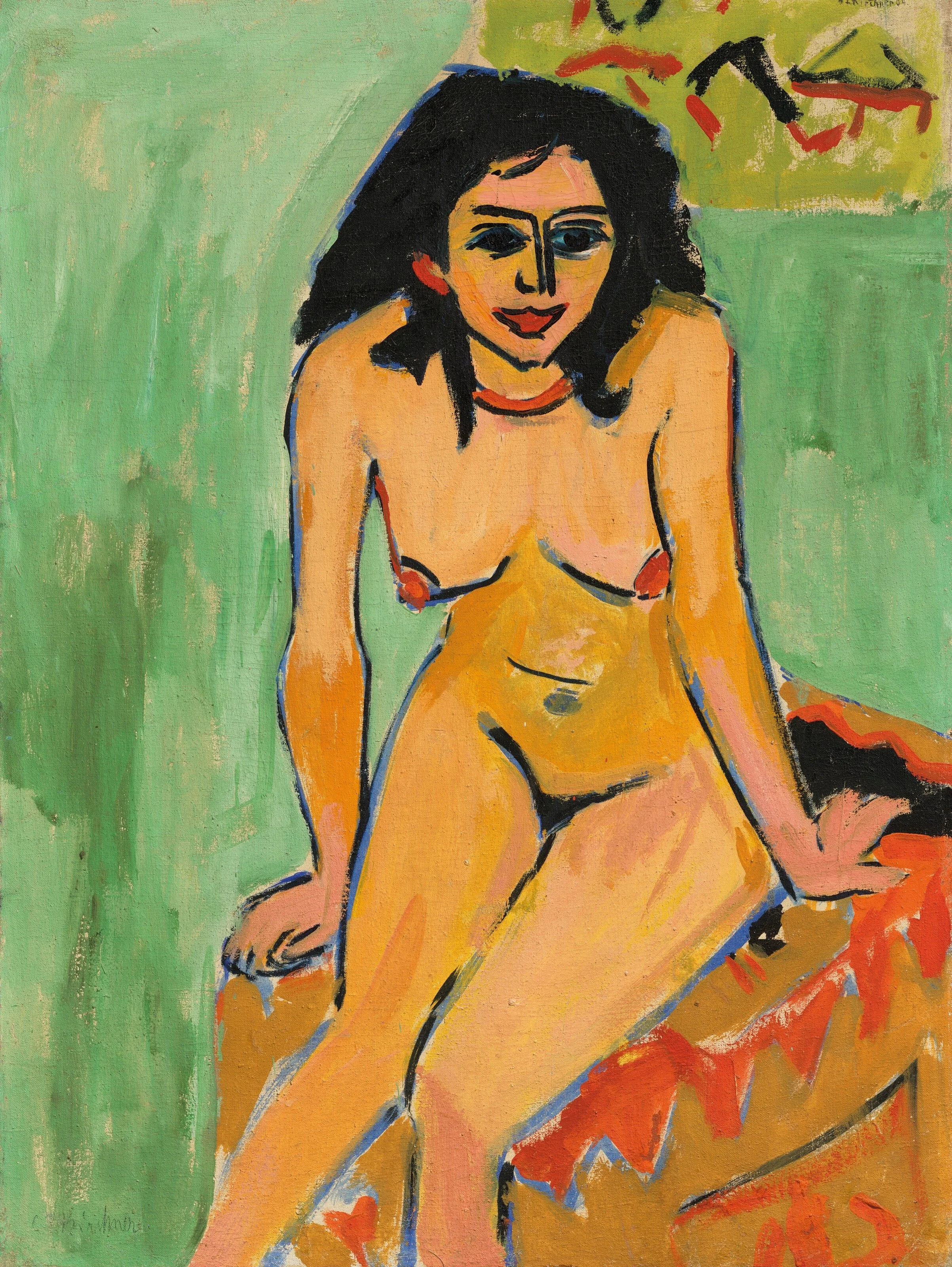 Ernst Ludwig Kirchner (1880–1938, Niemcy AKT SIEDZĄCEJ CZARNOWŁOSEJ DZIEWCZYNY (Sitzender schwarzhaariger Mädchenakt [Seated black-haired female nude]) 1910.jpg