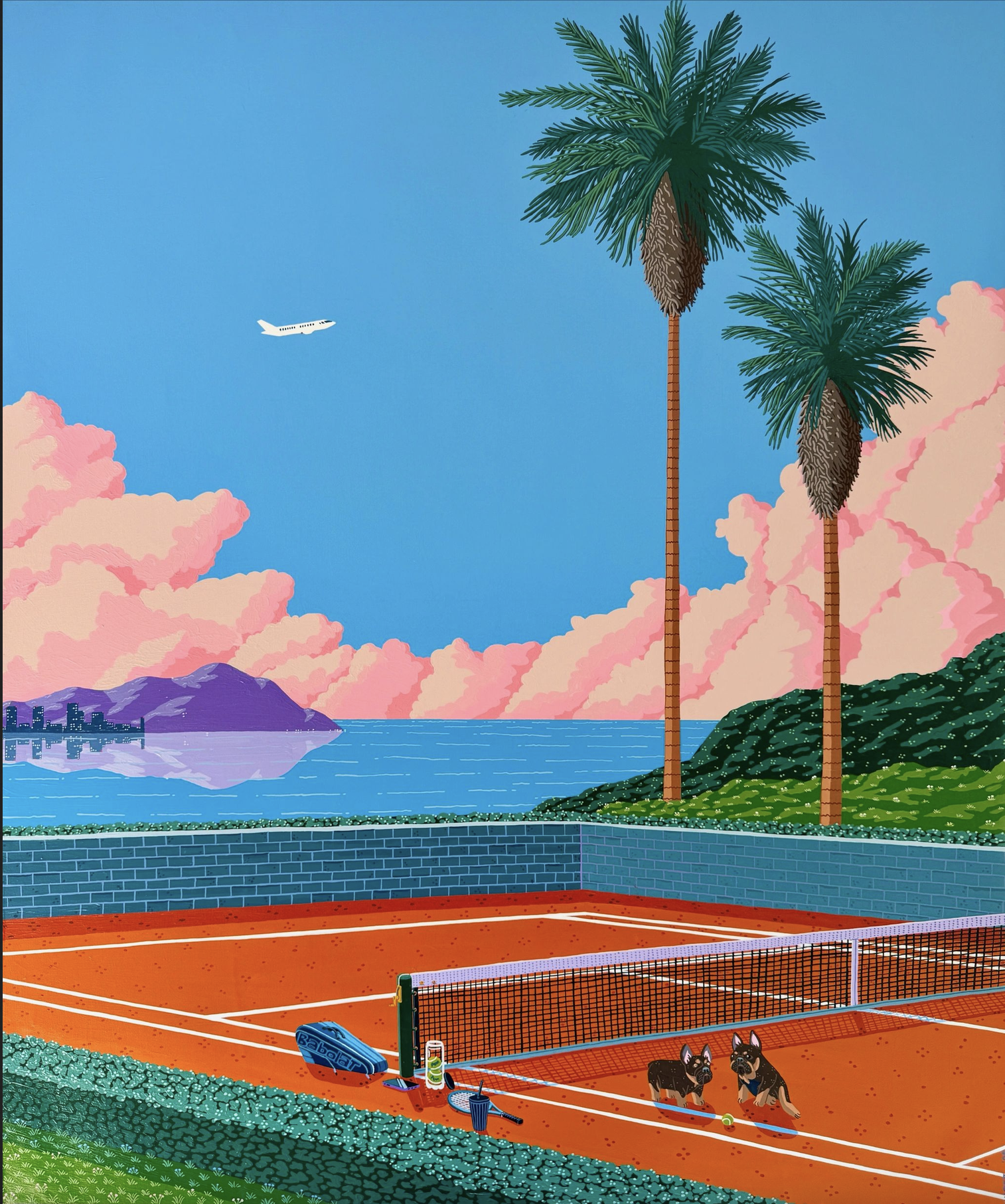 Acrylic painting by the artist joaquin Valdez showing 2 dogs on a tenis court