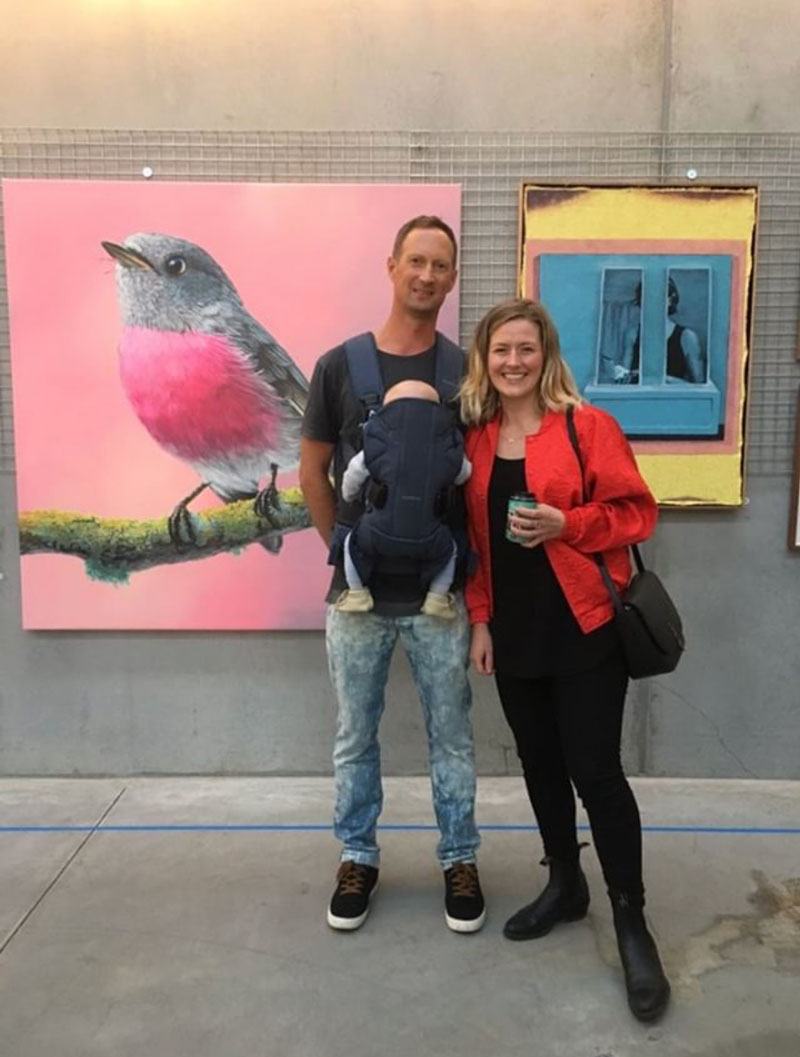 Geoffrey Carran and his boy Finley, with myself, standing in front of his beautiful work ‘Rose Robin’ (left) and Raphael Buttonshaw’s work ‘All in’ (right)