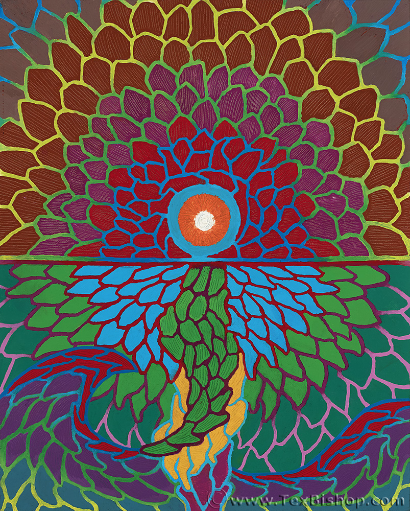 Original oil painting, titled Floral Sunset, of a seascape sunset, colorful with a stained glass or mosaic motif, primary colors red and blue