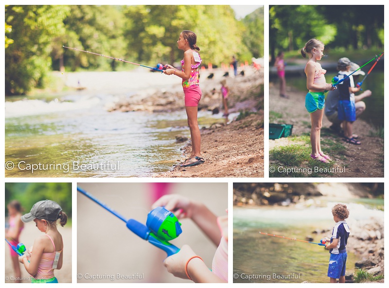 So before we left in Jenks, OK, we went and purchased fishing poles for the kids. They were giddy with excitement!!! That is all Colin talked about for days before, that he was going to go catch a fish!!! As we pulled in we saw everyone wearing these BIG tags on their hats and shirts and it dawned on us that they were fishing licenses. Click HERE for information on fishing at Roaring River, MO. It is the home of the Roaring River Fish Hatchery. The hatchery in itself was pretty cool for sure!