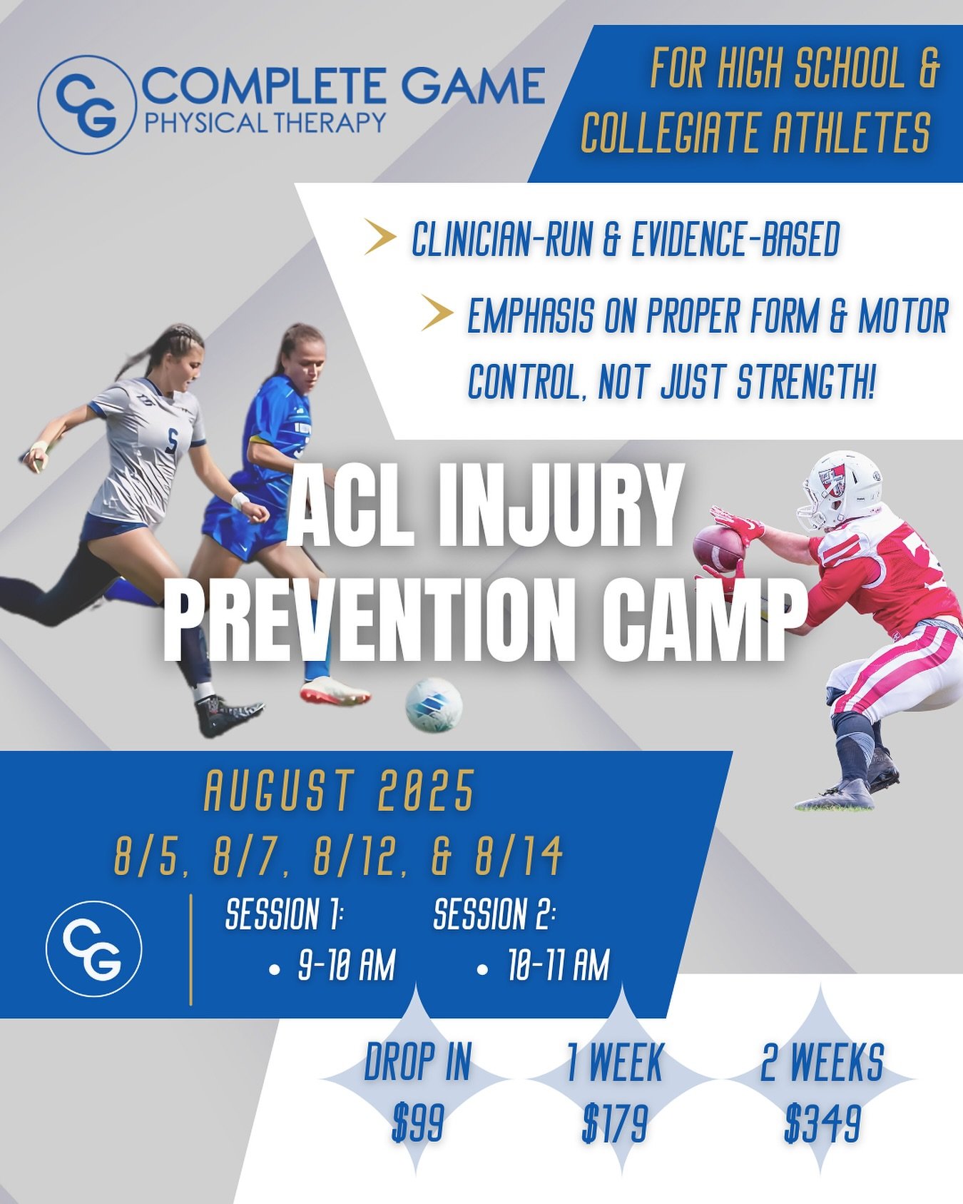 INTRODUCING THE NEW,
🚨ACL INJURY PREVENTION CAMP🚨
THIS AUGUST we will be running an ACL Injury Prevention Camp for high school and collegiate athletes!
HOW IS THIS DIFFERENT FROM ALL THE OTHER ACL PREVENTION CAMPS OUT THERE??
👉This is a CLINIC