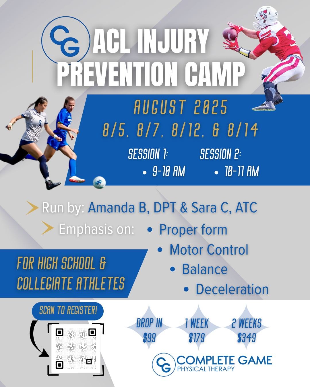 🚨REMINDER: ATTENTION ATHLETES!
THIS AUGUST, we will be running an ACL Injury Prevention Camp for high school and collegiate athletes!
Led by ACL Injury Prevention experts:
👏Amanda Bednarek, DPT
👏Sara Carpenito, MS, LAT, ATC
HOW IS THIS DIFFERE