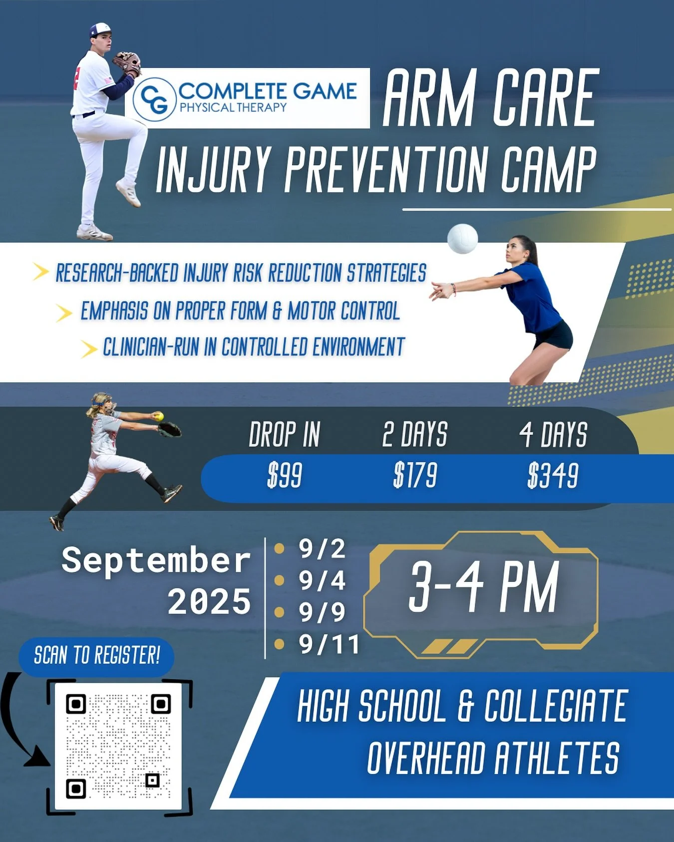 🚨 ARM CARE INJURY PREVENTION CAMP UPDATE!
Our Arm Care Injury Prevention Camp has been moved to September!
📅 9/2, 9/4, 9/9, & 9/11
⏰ 3-4 PM
👩‍🏫 with Sara Carpenito, MS, LAT, ATC
Recover from your summer season, prepare for fall ball,