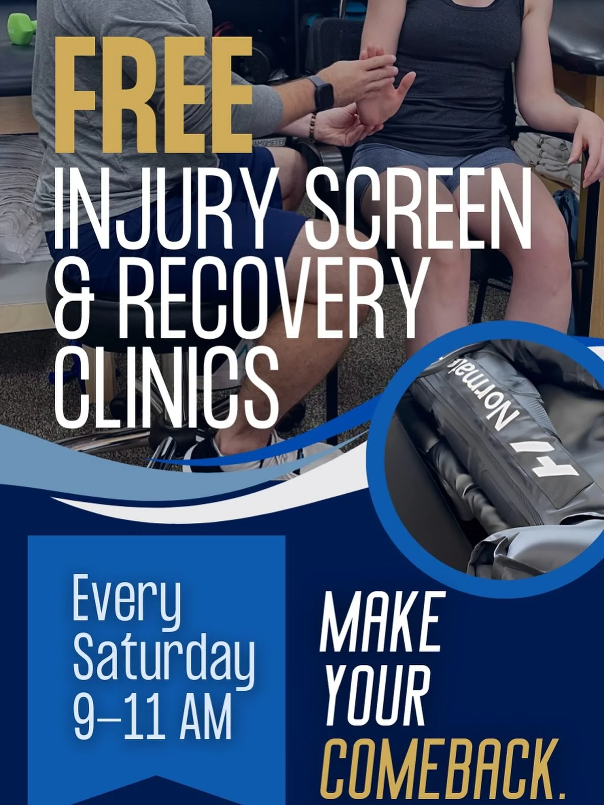 Our free Saturday clinics are back! Come in 9-11am, no appointment needed and no fee! Stay active and stay on the field this fall!
#injuryprevention #physicaltherapy #chelmsfordma #chelmsfordallsportsboostersclub #completegamept #hyperice