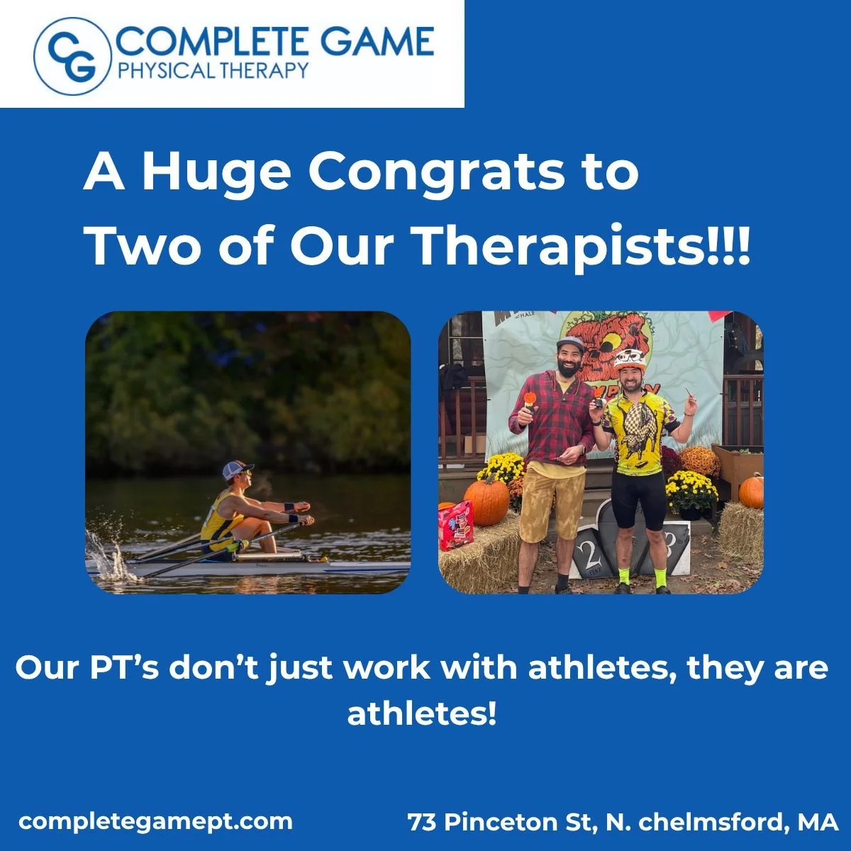 Success on the course. Excellence in the clinic.
Our very own Andy crushed the Great Pumpkin Smash at Hale Reservation finishing in first place  and Mike powered to a top-5 finish at the Head Of The Charles 
Proud of our team that practices what th