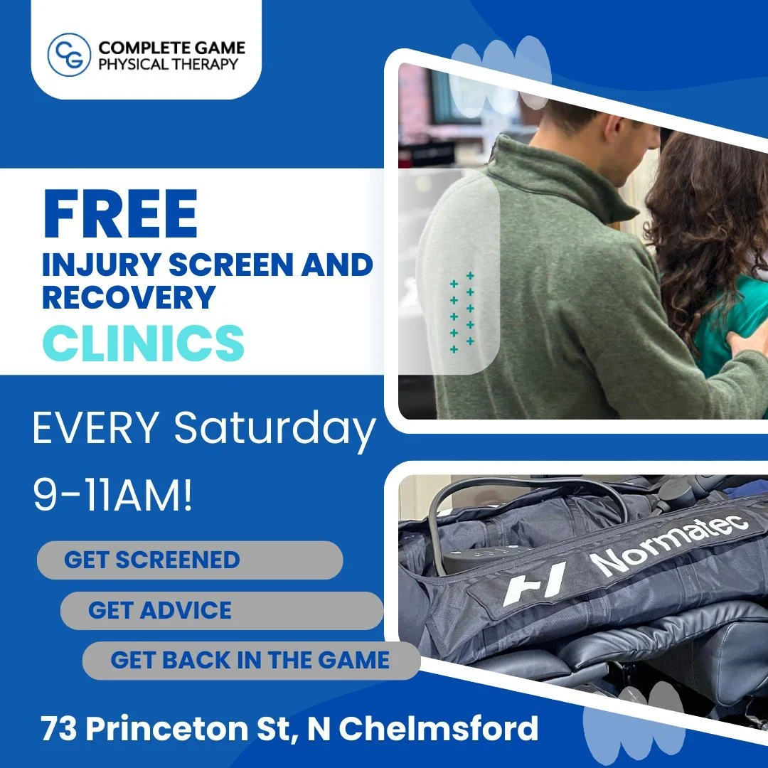 No appointment needed.  Come in and get screened by a PT or use our recovery equipment for FREE!!!

 #completegamept #chelmsfordma #physicaltherapy #chelmsfordboostersclub