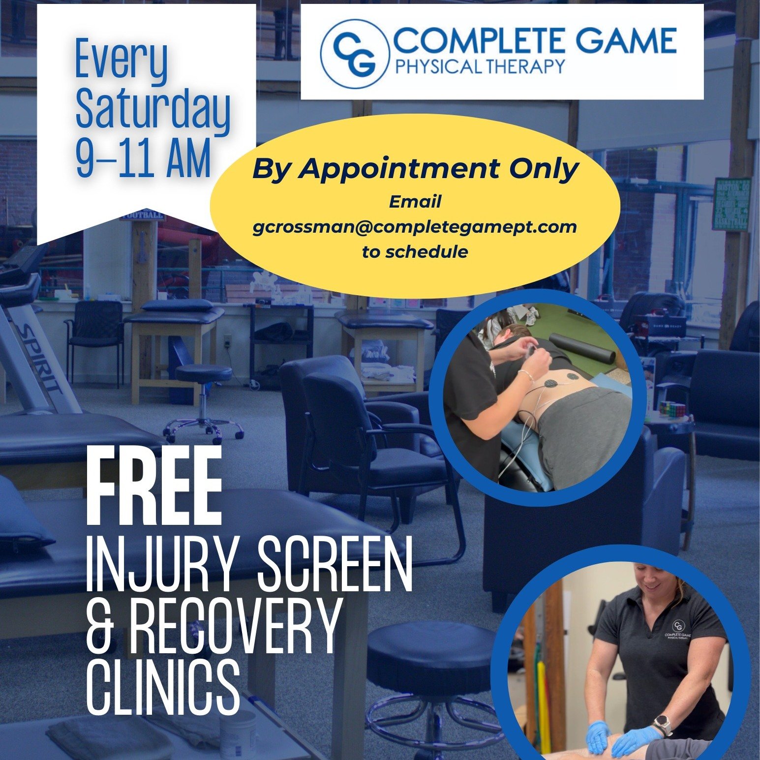 Come in to Complete Game PT this Saturday and get those lingering aches and pains checked out by a licensed physical therapist or just use our recovery tools including NormaTek compression therapy, Game Ready cryotherapy or MarcPro electric stim.

Ju