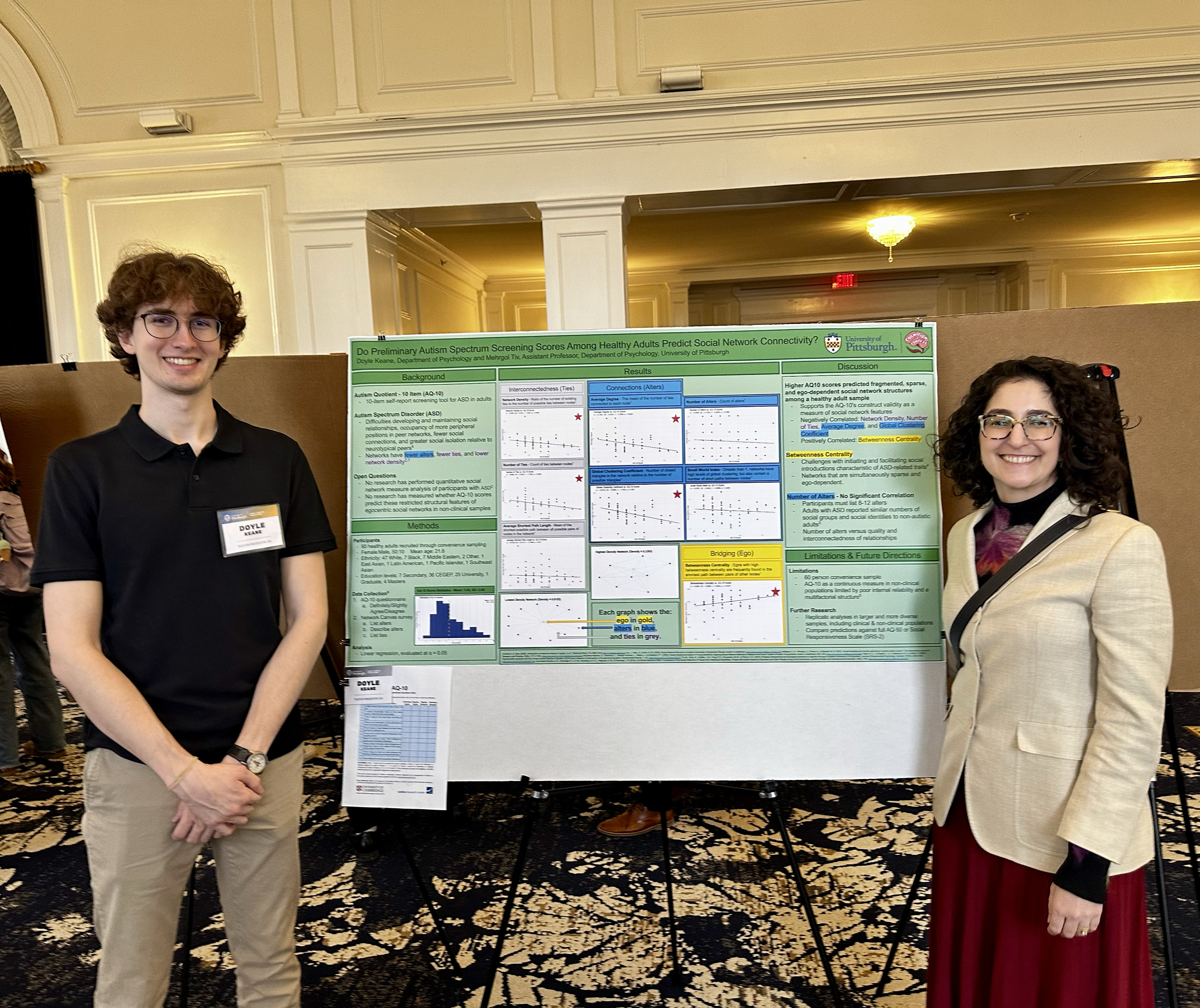 Undergrad RA, Doyle Keane, showcases his research on ASD and social network characteristics at the 2026 Pitt Honors College Poster Fair.