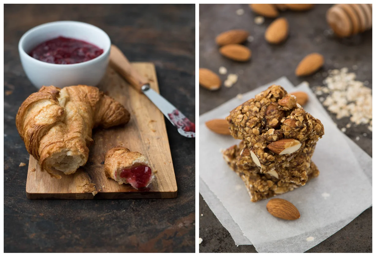 Croissant, Jam and Granola Bar with Honey and Almonds
