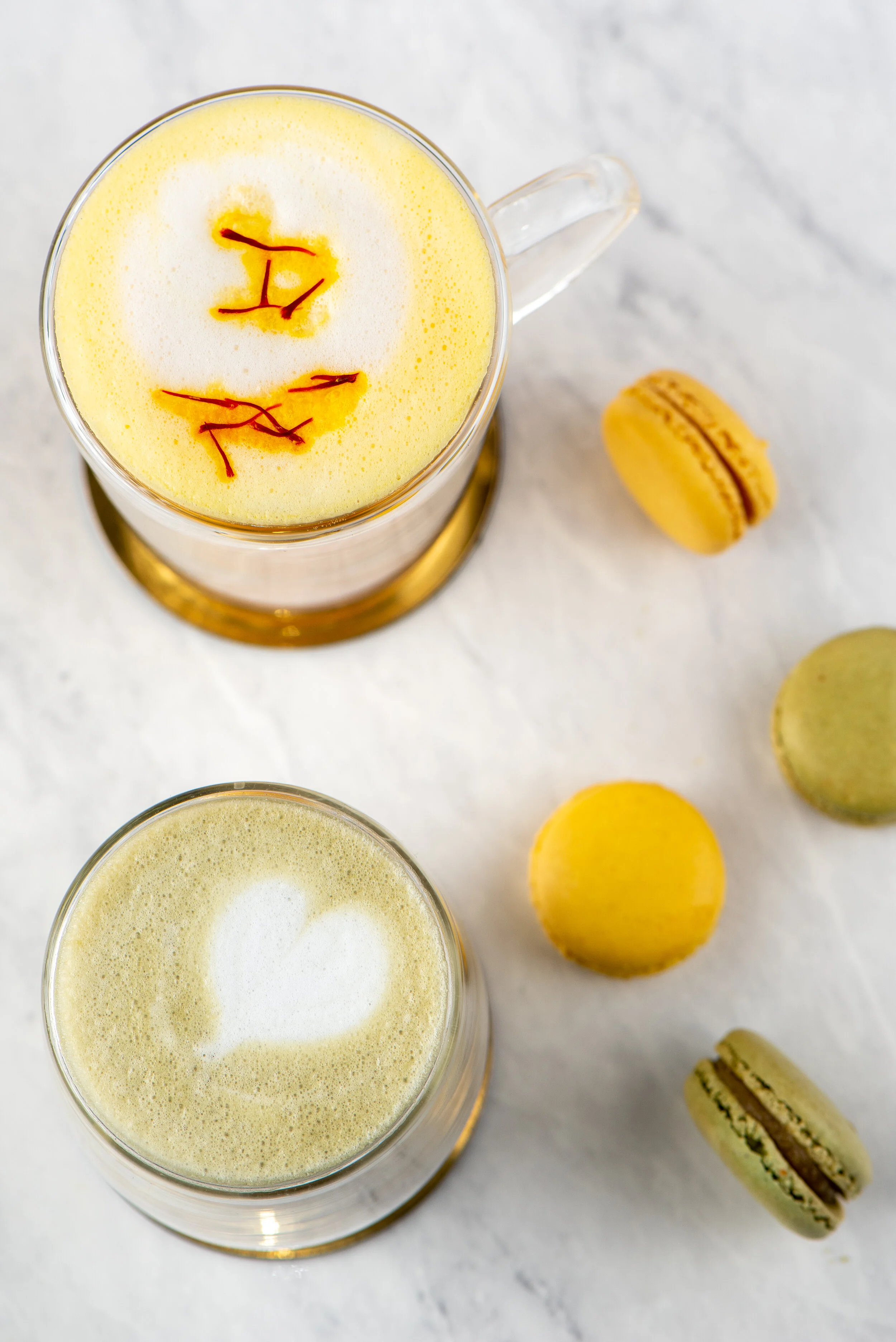 Saffron Latte, Pistachio Latte and Macaroons