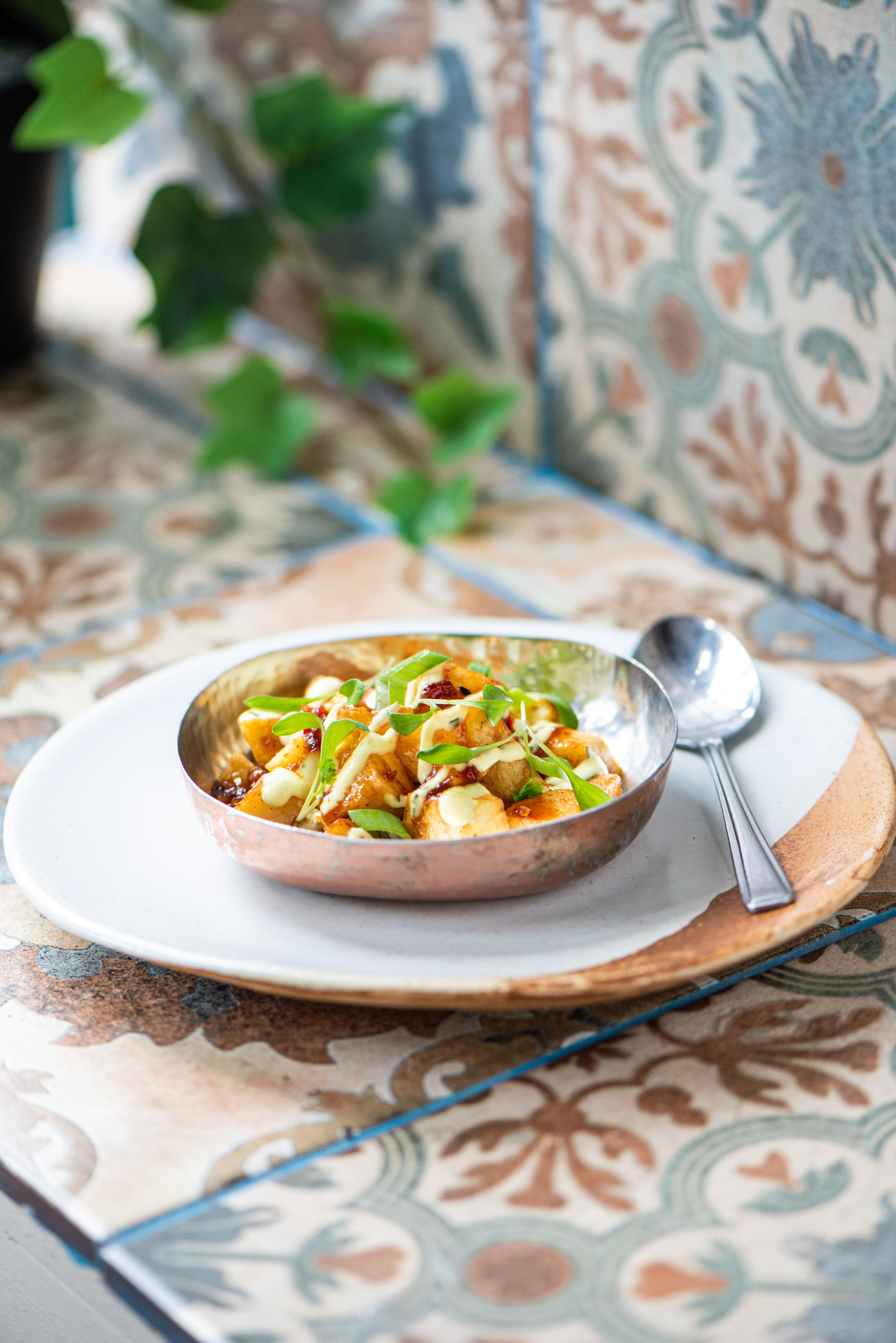 Sticky Soy Patatas Bravas, with Garlic Aioli and Spring Onion