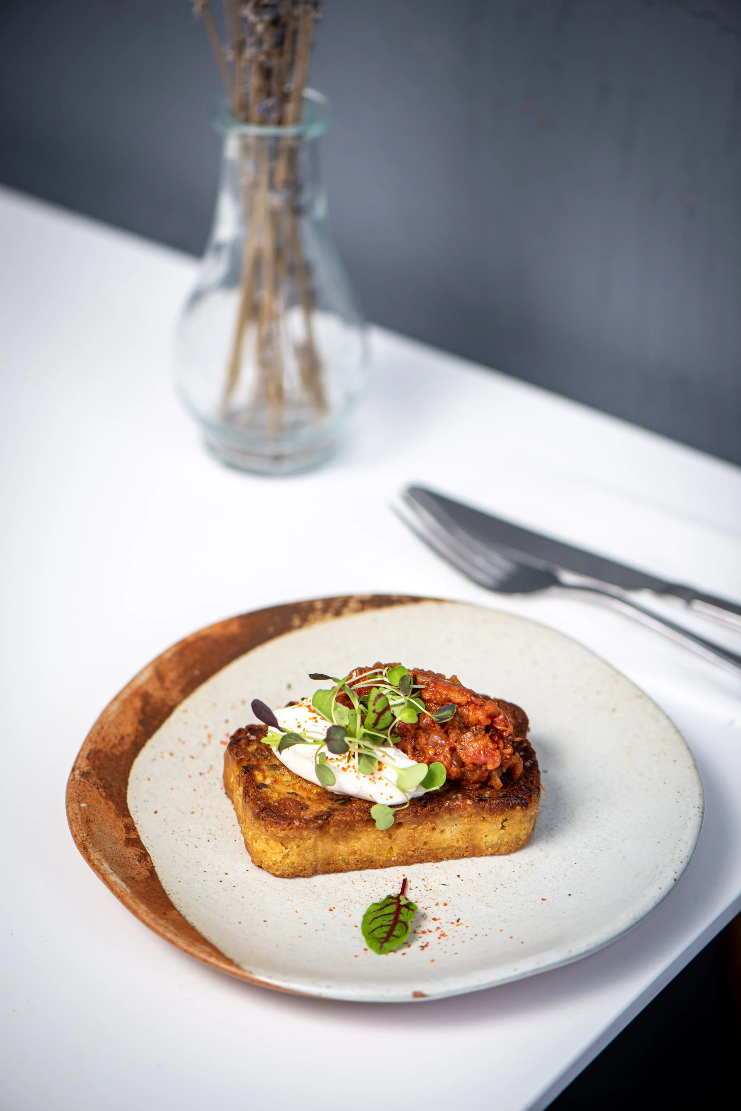 Jalapeño Cornbread with Smoked Aubergine & Creme Fraiche