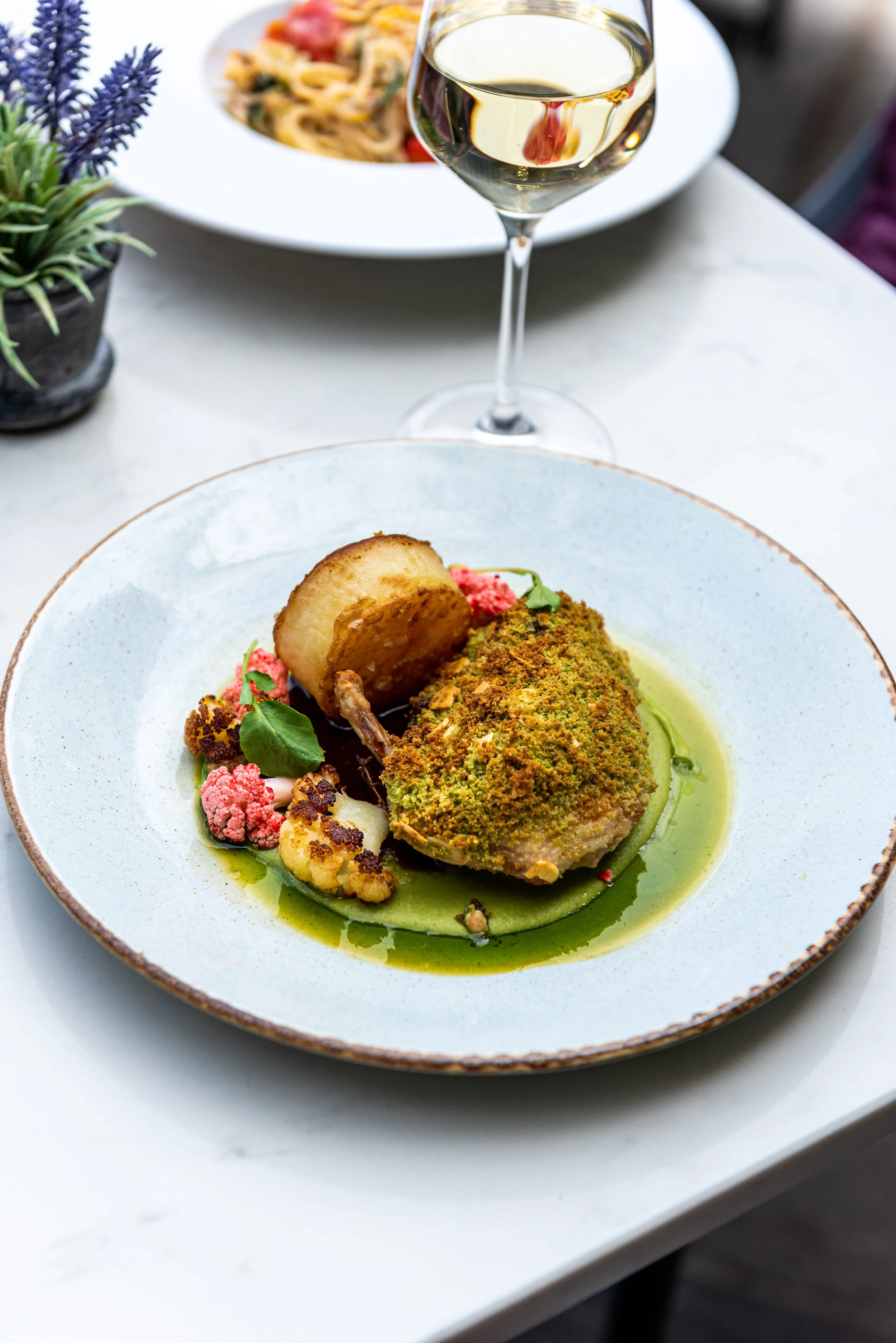 Crispy Chicken with Potatoes, Vegetables and Herb Oil
