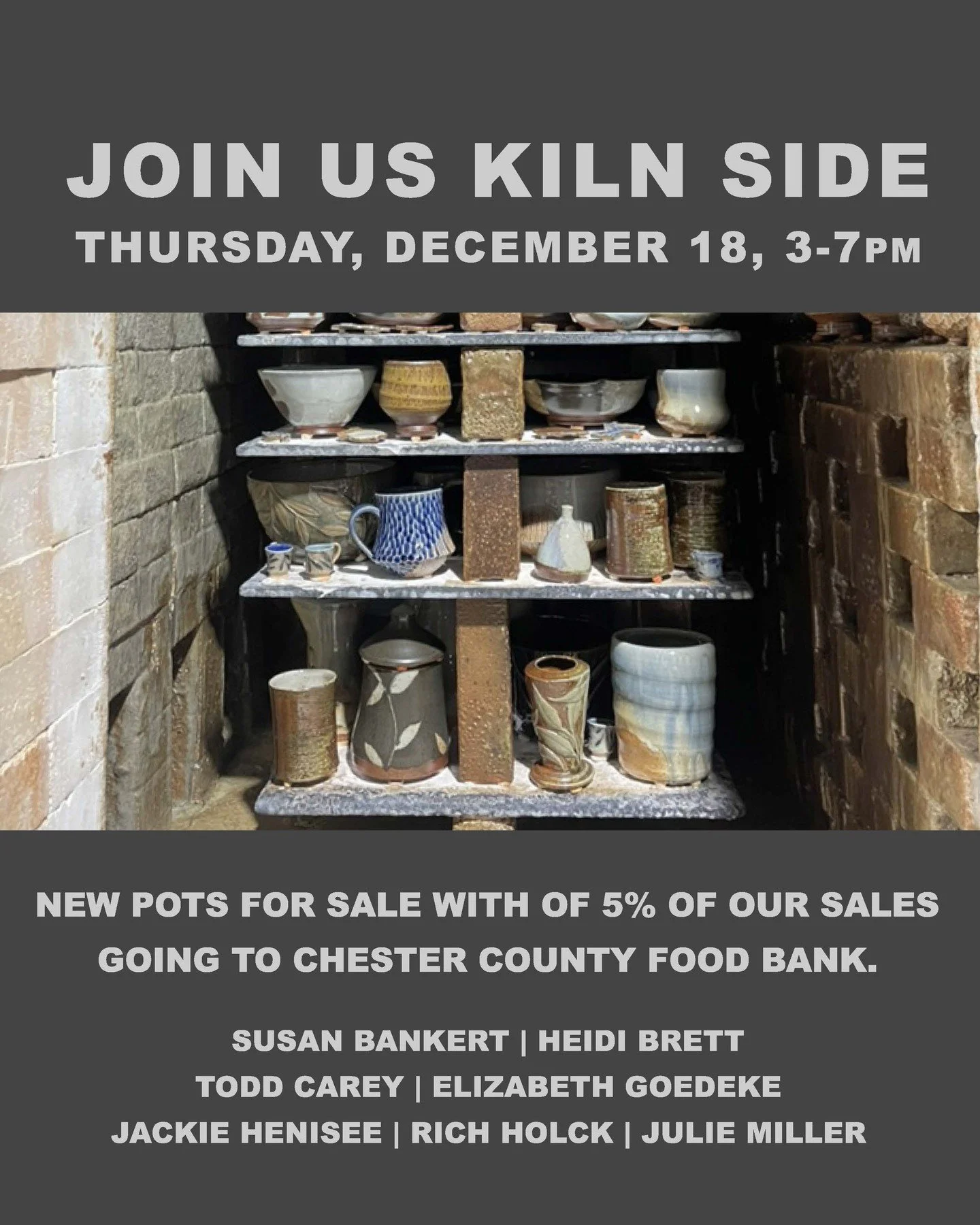 Join us kiln side Thursday, December 18, 3-7pm. Amazing fresh from the kiln pots for sale! Purchase a gift for yourself or someone special this holiday season. Shop from and chat with 7 local potters, enjoy a hot cider, and get a look at what goes in