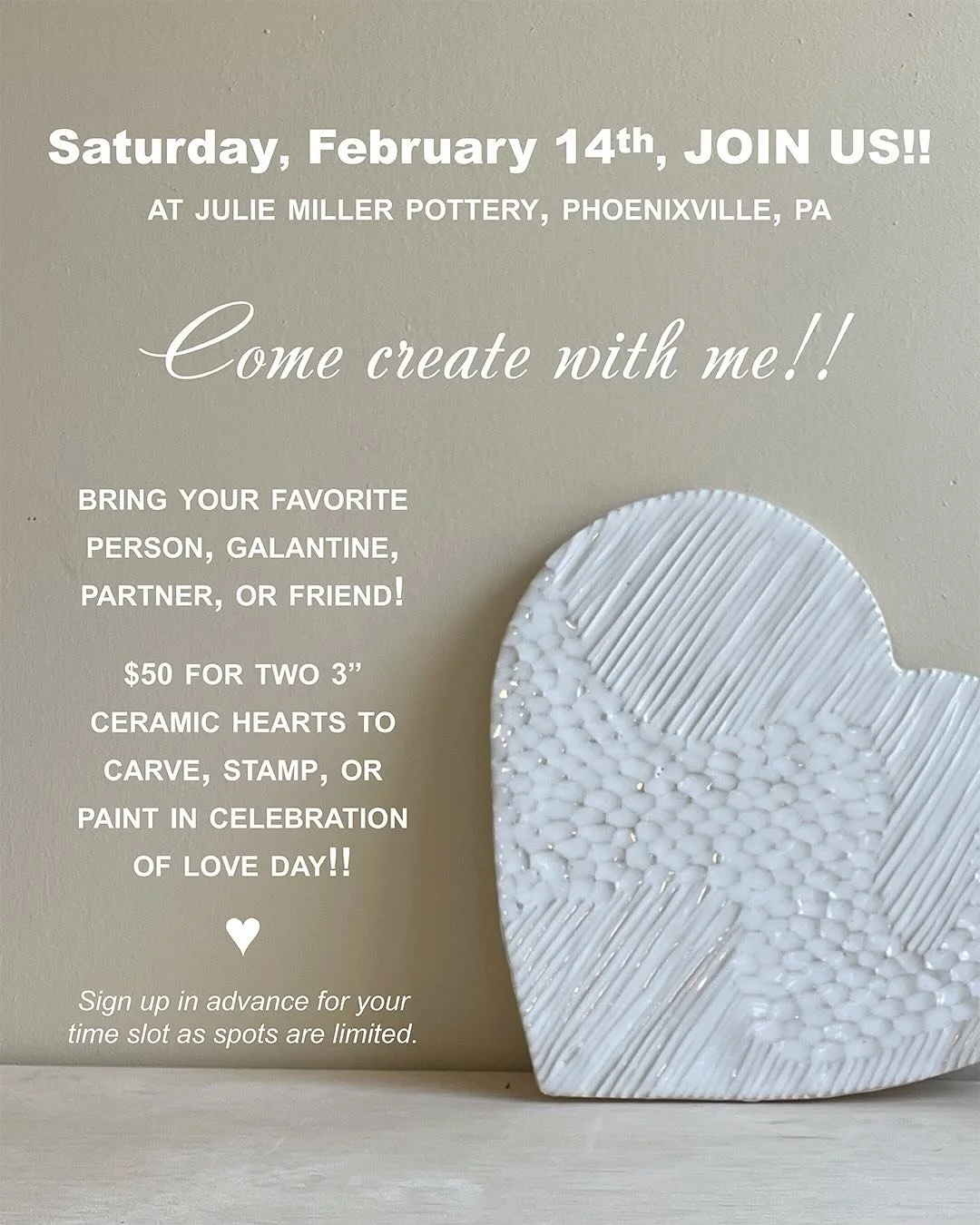 As @juliemillerpottery February Potter of the Month I&rsquo;m super jazzed to be the first workshop of the year.  Come create with me!

Saturday, February 14 beginning at noon

Bring your favorite person, galantine, partner or friend!  Create two 3&r