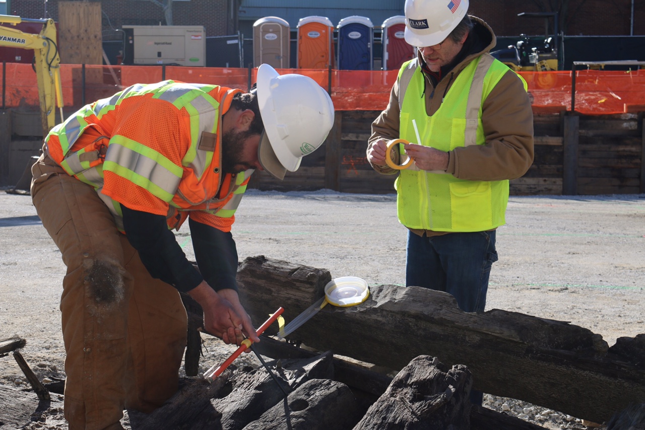 WSSI archeologist Michael Smith assists the Oxford Tree-Ring Laboratory in sampling the ship’s timbers for dendroarcheological dating and sourcing.