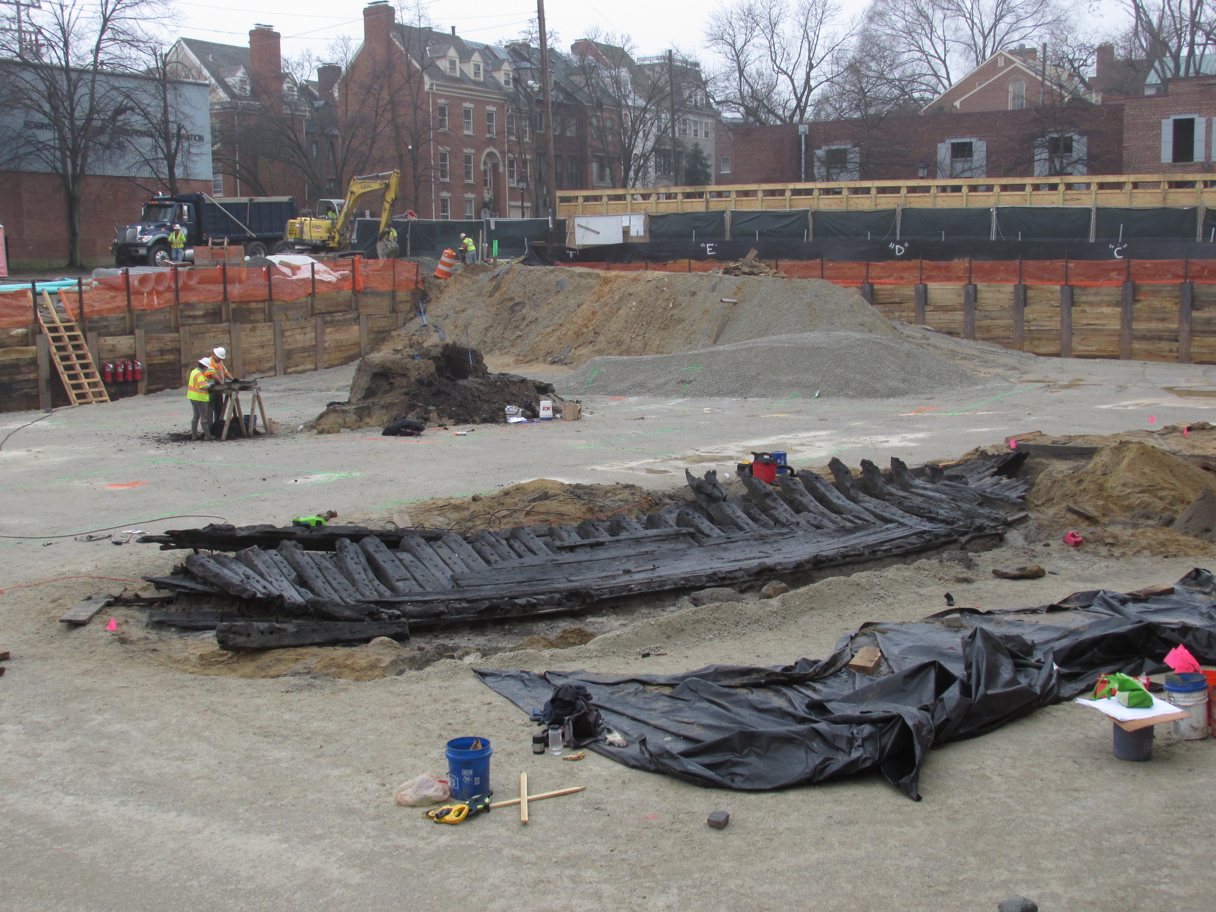  Just beyond the recovered 18th-century ship’s hull, WSSI archeologists excavate an 18th-century privy.    