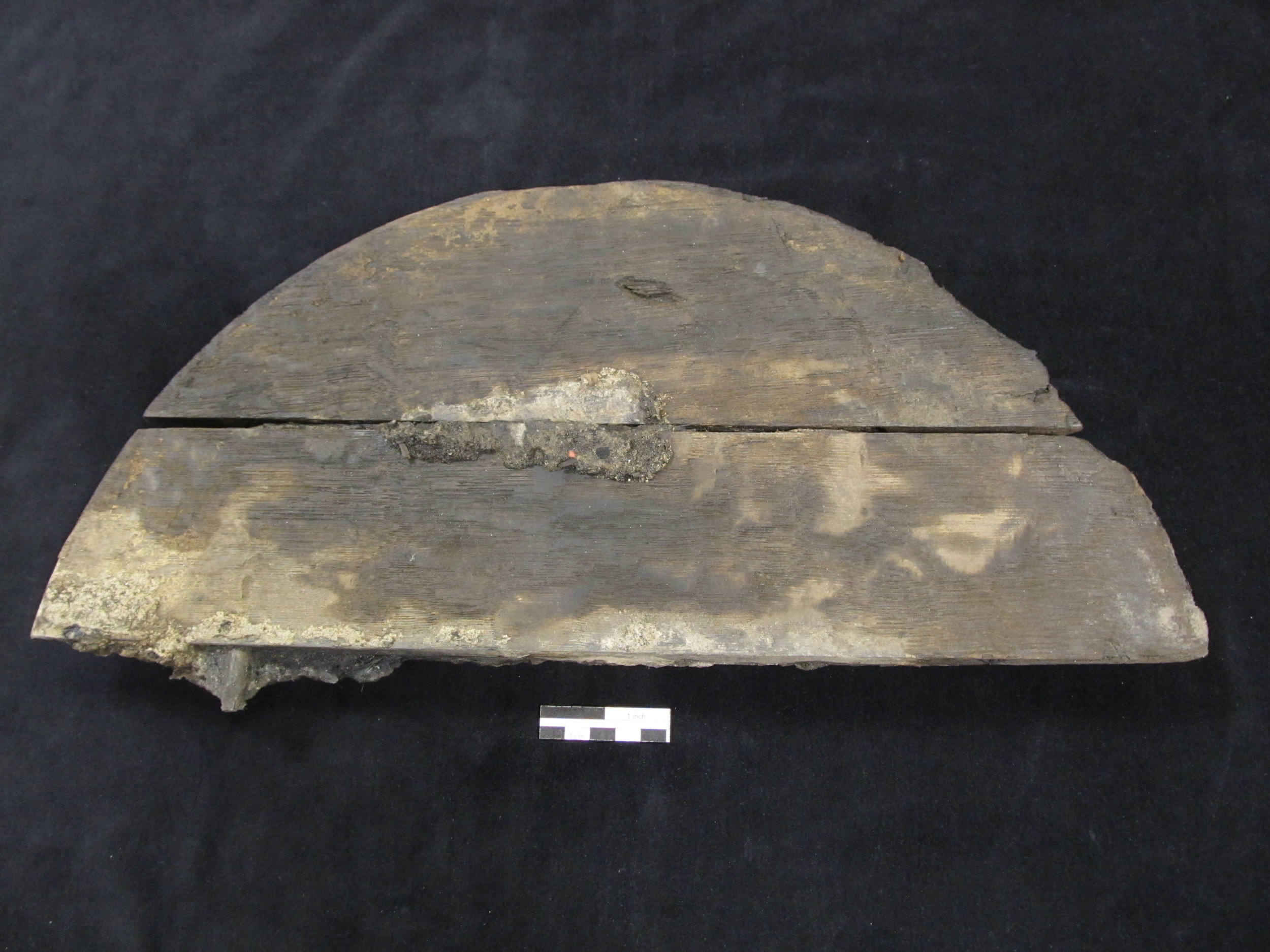  Wooden barrel head fragment recovered from the Carlyle warehouse.    