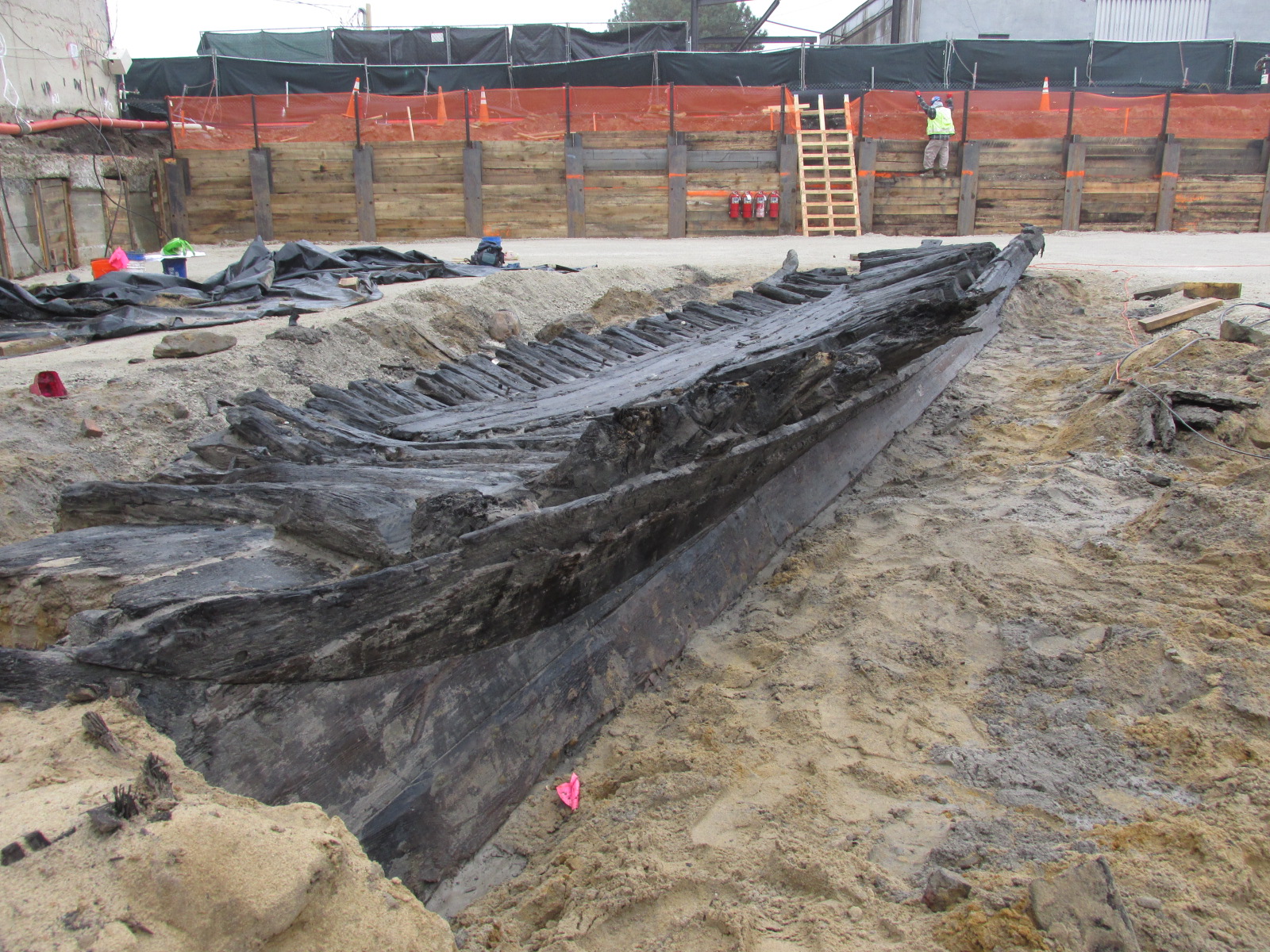   Our archeologists uncovered the port side of an 18th-century ship, including ceiling planks, framing, keel, external hull planking, deadwood and parts of the stern post.    