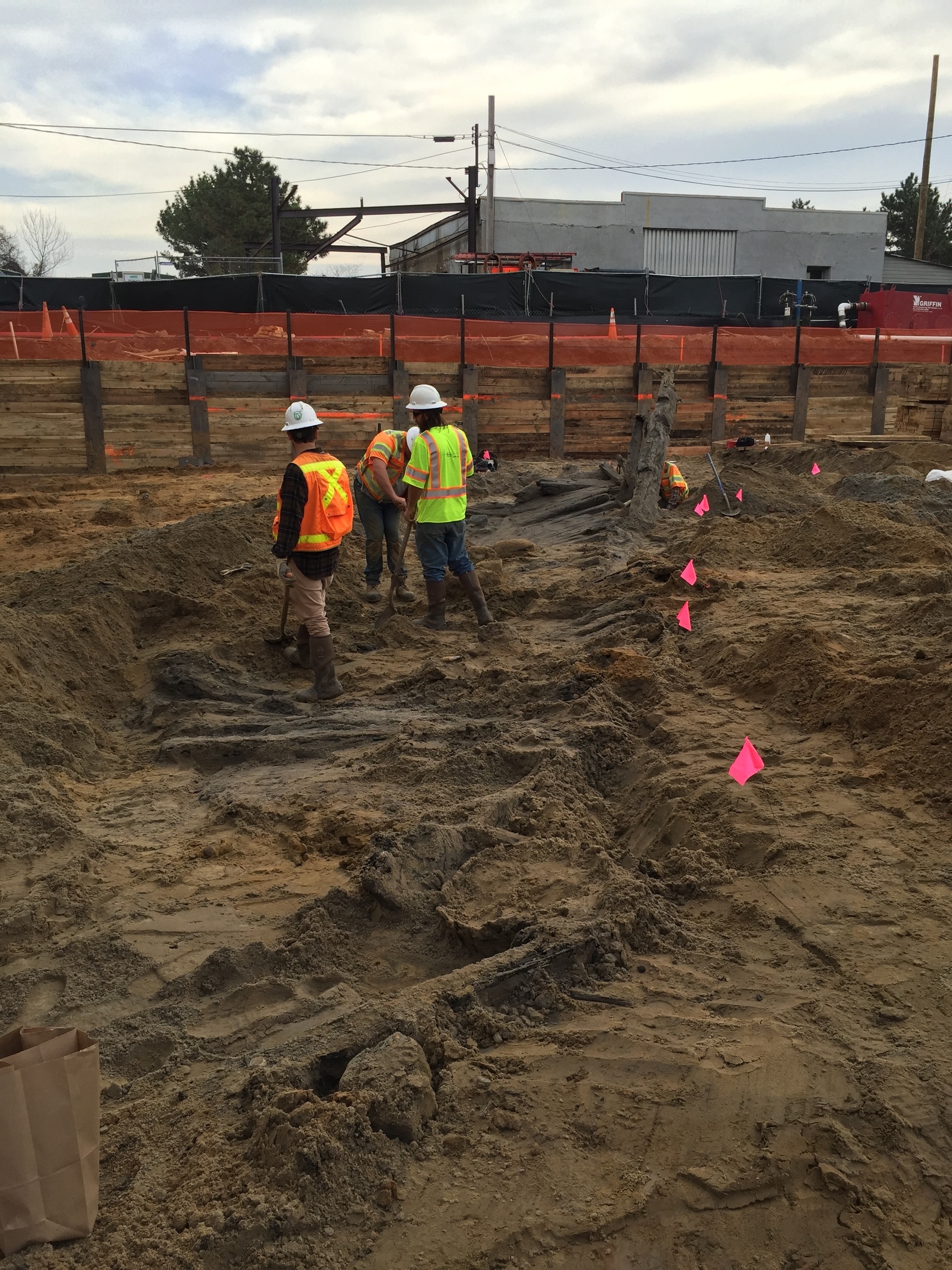   WSSI archeologists Vince Gallacci, Daniel Osborne, and Daniel Baicy work to uncover the ship’s hull.    