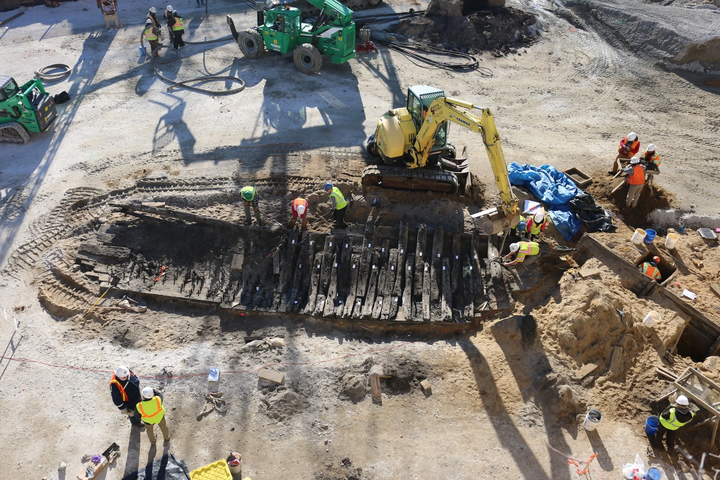 Aerial view of ship WSSI archeologists discovered on the Hotel Indigo site in Alexandria, VA