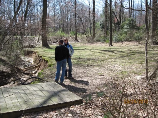 Severe channel erosion at the bridge (slated for replacement) on Forest Edge Cluster property