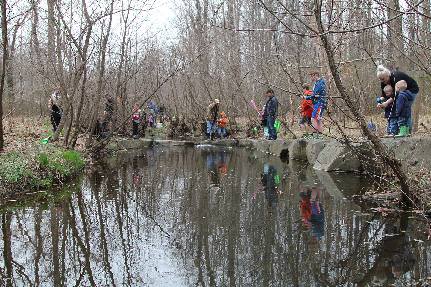 Anglers along Snakeden Branch in 2016, seven years after restoration