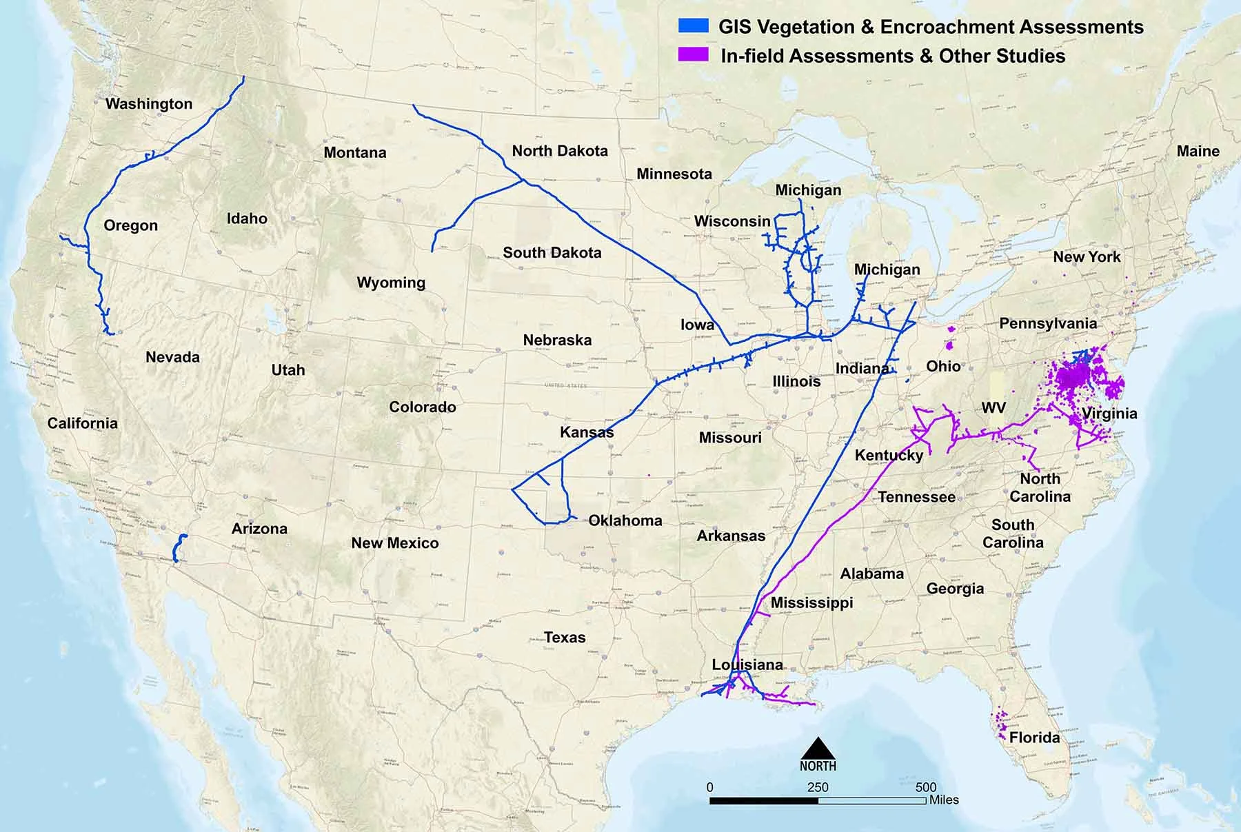 WSSI has provided GIS-based assessments across 30 US States, 14,700 miles, and 260,600 acres