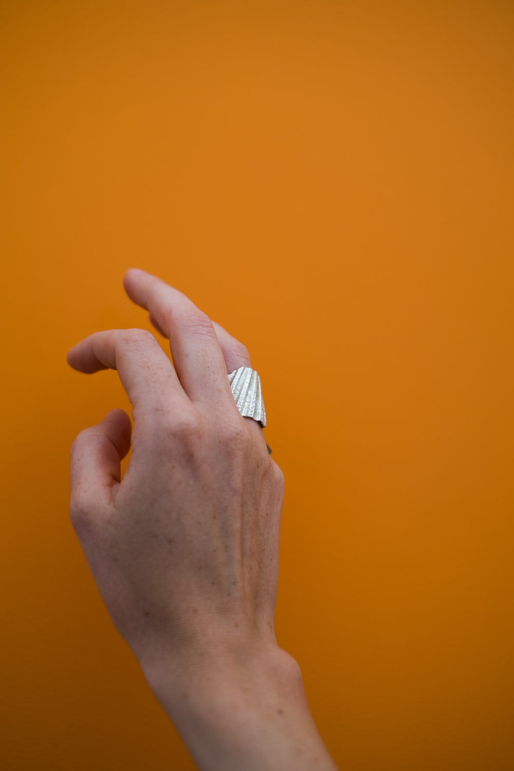 Our Shell Fragment Ring against the orange interiors
