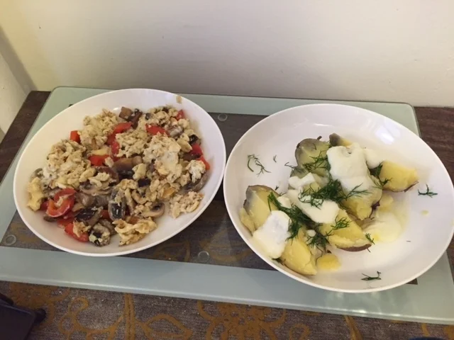 Cheesy, Veggie, Sausage Scrambled Eggs & Dill Potato