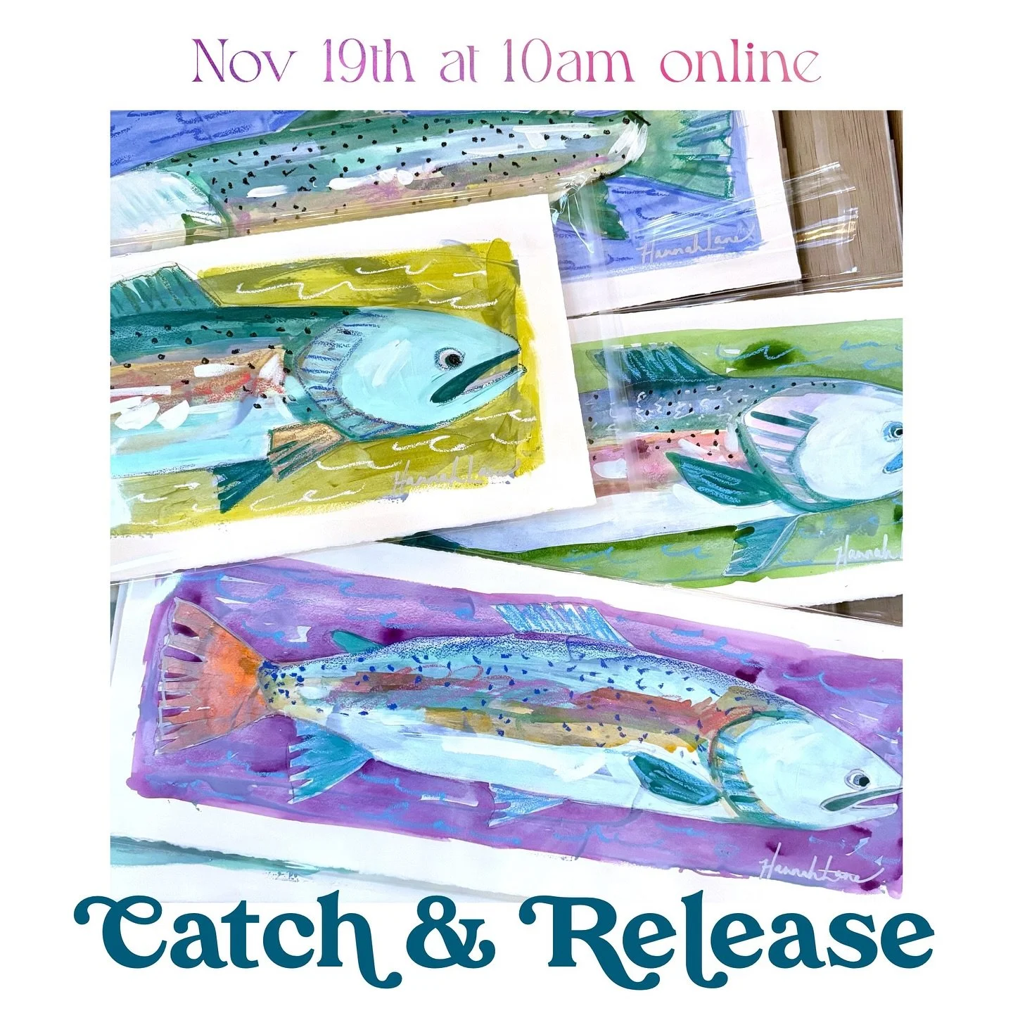 Mark your calendars! Next Wednesday, November 19th at 10 AM, I&rsquo;ll be releasing 10 brand new Trout Papers (30x11 mixed media on archival paper)&mdash; just in time to frame up for the holidays. This mini-series, Catch and Release, is bright, col