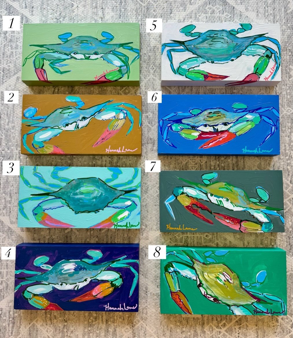 Blue Crabs + Waterways 🦀 
⠀⠀⠀⠀⠀⠀⠀⠀⠀
12x6x1.5&rdquo; | Mixed Media on Gallery-Wrapped Wood Panel | $225 each
⠀⠀⠀⠀⠀⠀⠀⠀⠀
To claim:
Comment the number(s) + &ldquo;SOLD&rdquo; on the post and DM me your email address.
You&rsquo;ll receive a PayPal invoic
