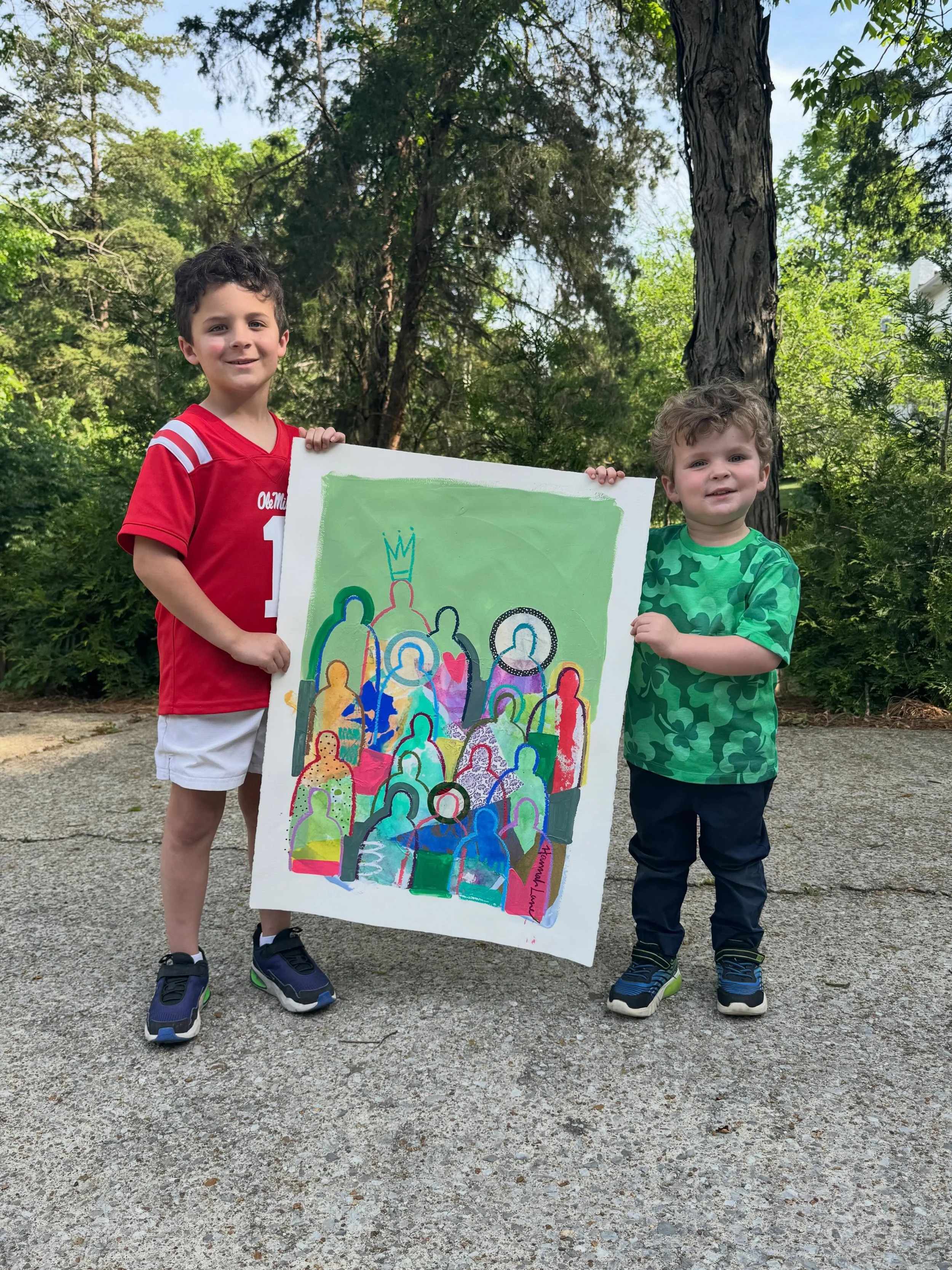 These boys are my best marketing!  They&rsquo;re showing off my newest 22x30 vertical crowd paintings. 

These pieces are available for FREE SHIPPING on Monday, 4/27! Link in bio 👑