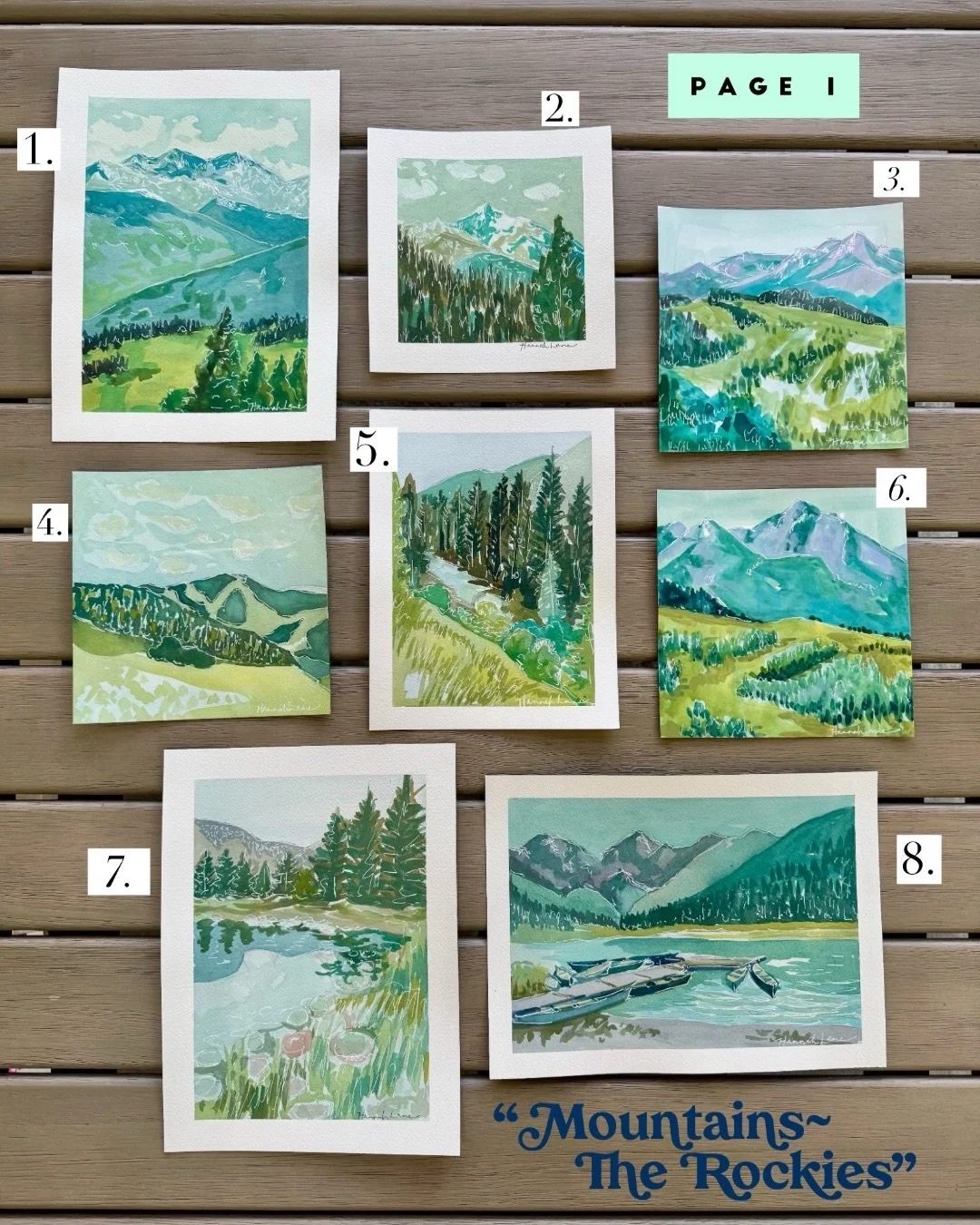 Shop My Weekly Watercolors ✨
~ Travel Series: Mountains 
⠀⠀
T h e  R o c k i e s⠀
1. 12x9, $250 🔴
2. 8x8, $150 🔴
3. 8x8, $150 🔴
4. 8x8, $150 🔴
5. 8x10, $200 🔴
6.  8x8, $150 🔴
7. 9x12, $250 (Avon) 🔴
8. 12x9, $250 (Piney Lake)🔴
⠀⠀⠀⠀⠀⠀⠀⠀⠀
T h e 