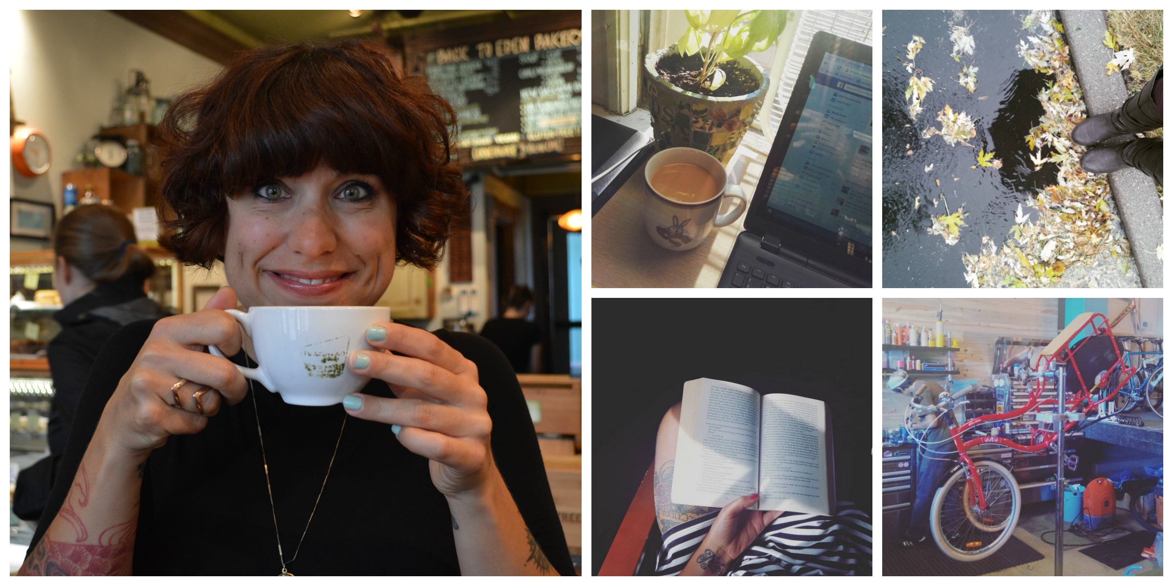 Clockwise: Enjoying coffee in Portland, working from home, enjoying the change in weather, gearing up my bike for winter riding, and finishing a Book Club book.