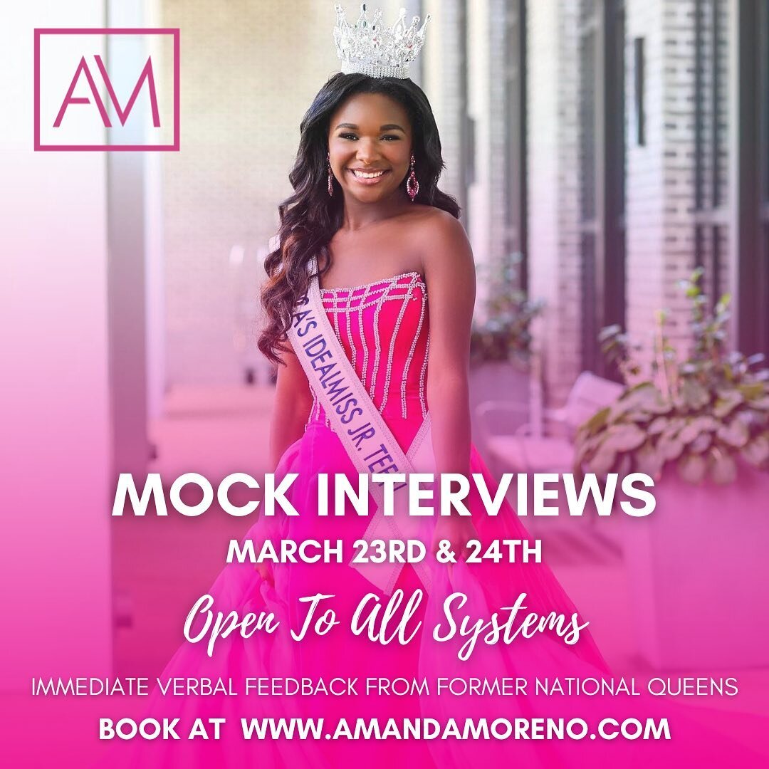 Exclusive Mock Interview Opportunity: Saturday, March 23rd &amp; Sunday, March 24th 👑

In our limited 15-minute Mock Interviews, you will gain valuable interview experience and immediate feedback from two Former National Queens with over 20 years of